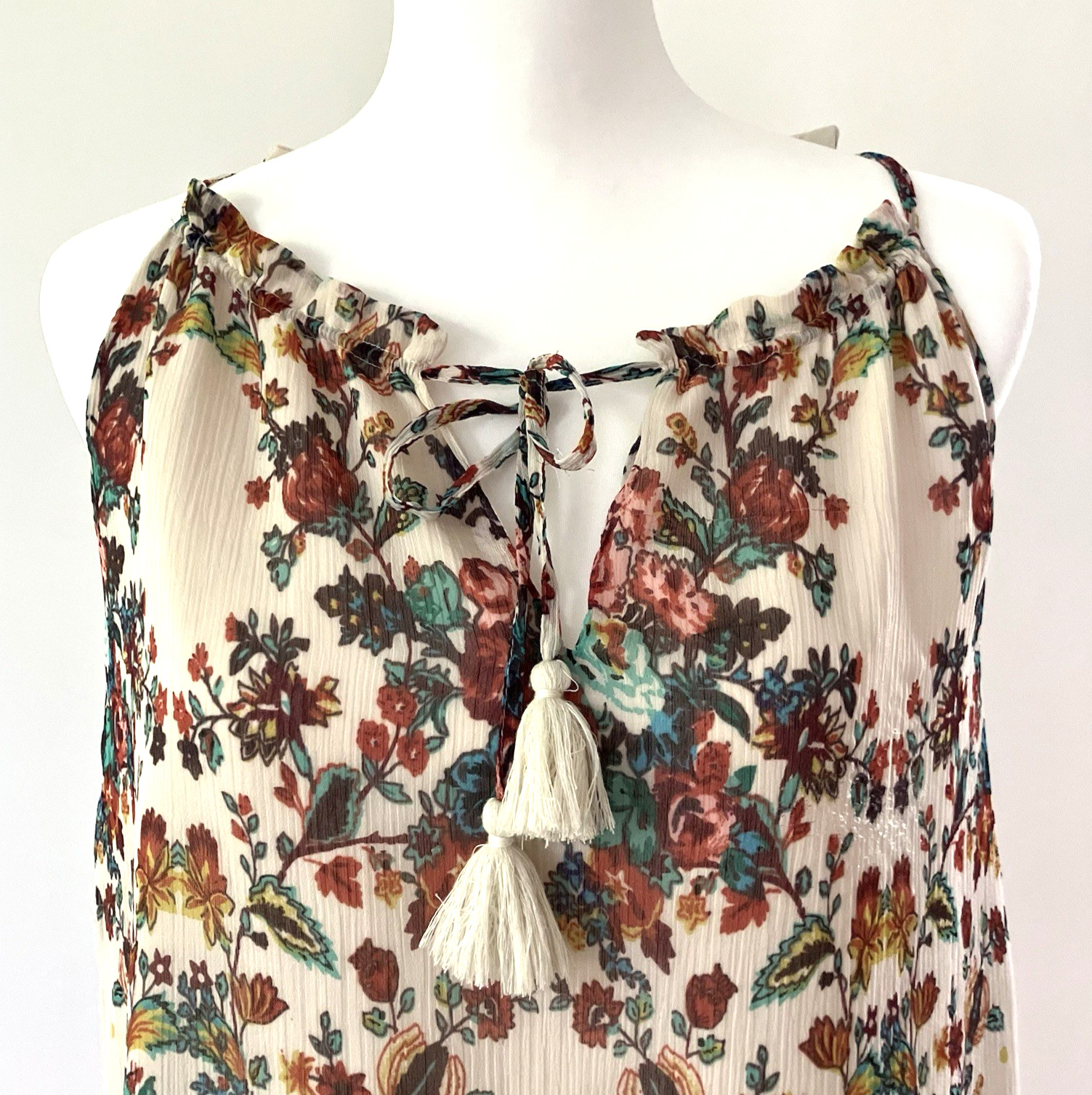 Lucky Brand Sleeveless A-Line Chiffon Dress Size S Floral & Tassel Tie Detailing
