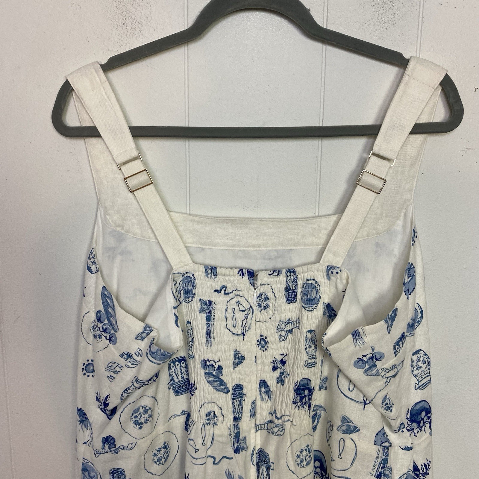 Abercrombie & Fitch Linen cotton Wide Strap Printed Mini Dress XXLp white blue