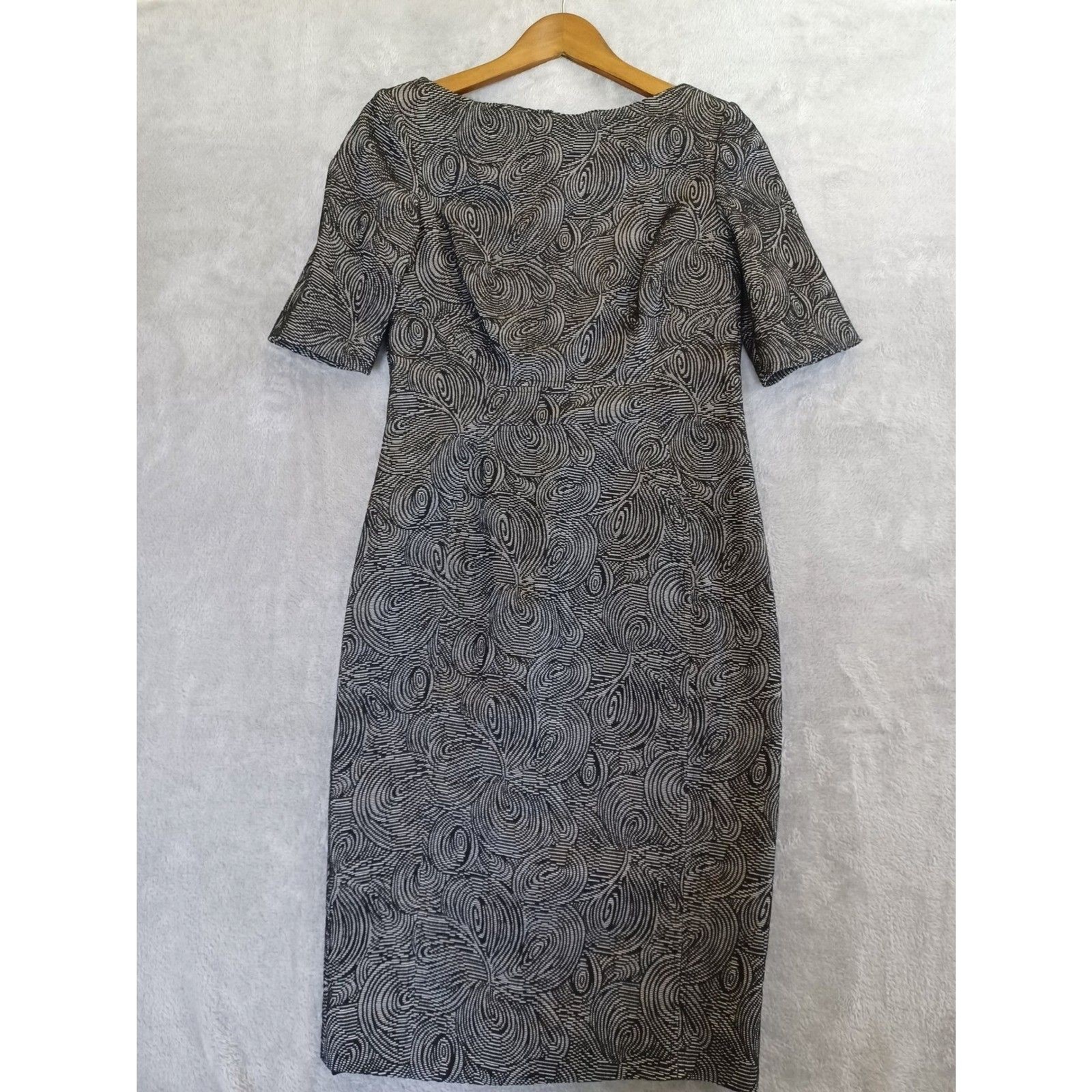 Lela Rose Dress Sz 8 Retro 50s Wiggle Midi Black Beige Abstract Cocktail Preppy