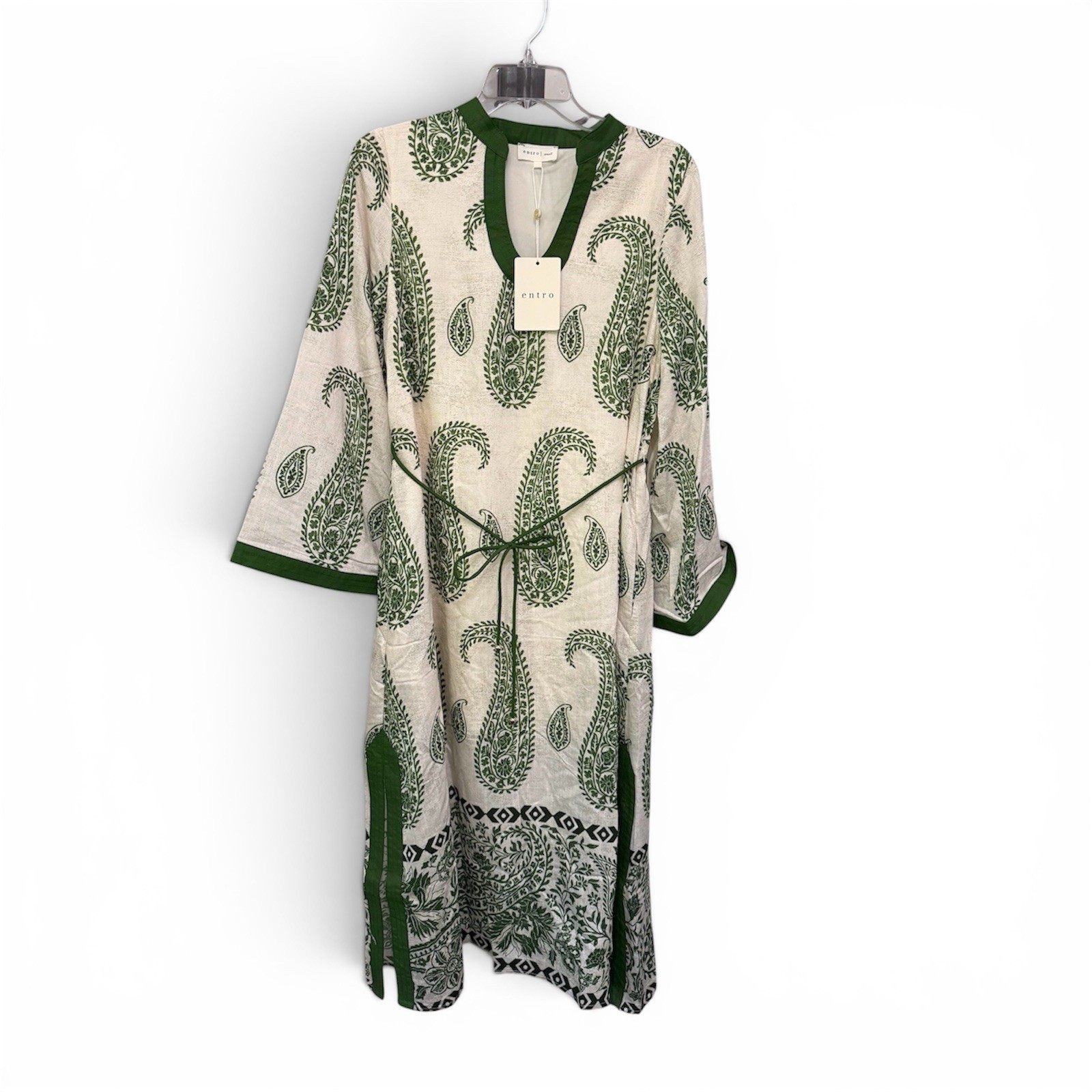 Entro Green/White Paisley V-Neck Midi Tie Waist Dress Size S NWT