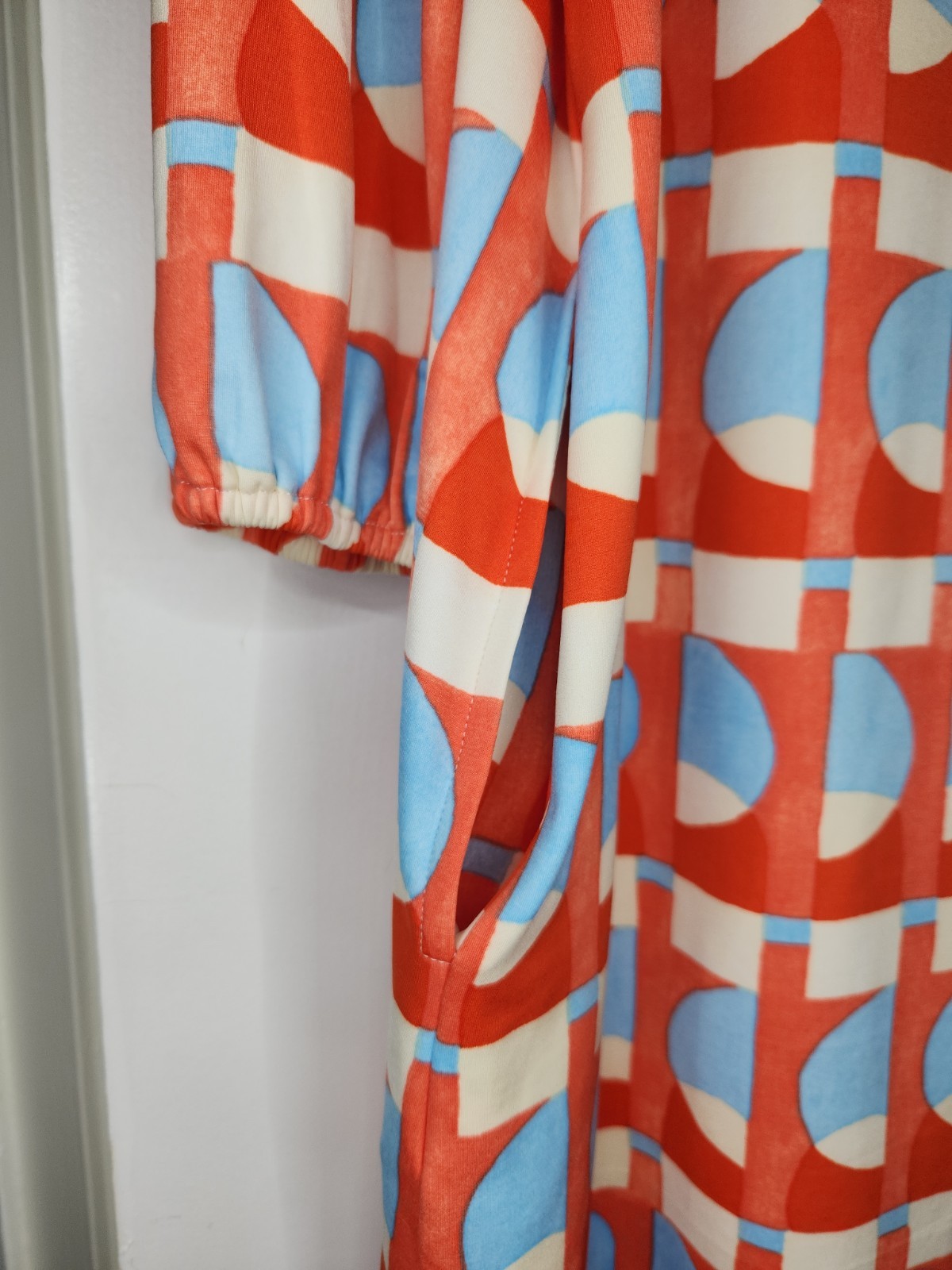 J McLaughlin Emer Shift Dress Womens L Blue Orange Wht Geometric Print $288 RARE