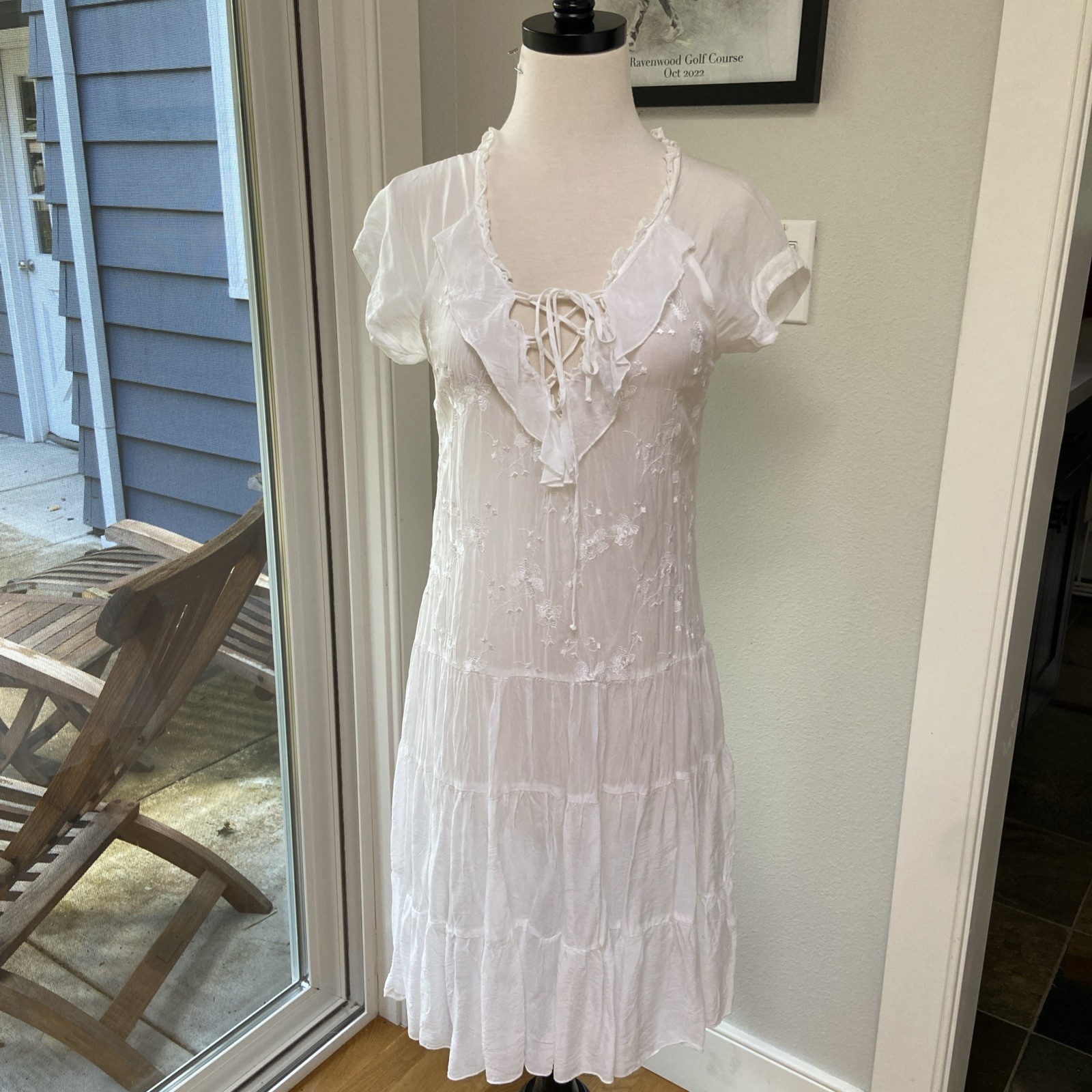 JOHNNY WAS SZ SM WHITE SHEER RAYON TIERED SKIRT DRESS DELICATE FLOWER EMBRODERY