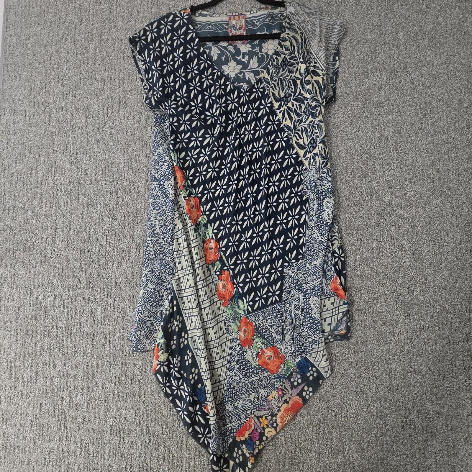 Johnny Was Patchwork Handkerchief Tunic Dress Blue Floral Boho Cupra Rayon S