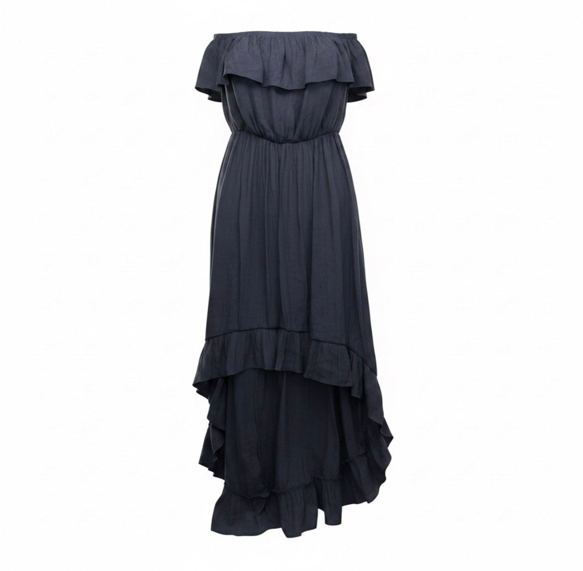 Entro Off-The-Shoulder Ruffle Asymmetric Hem Maxi Dress in Navy