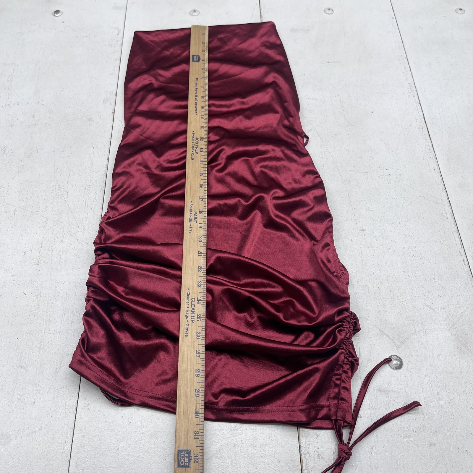 Ruched Satin Dress Womens Medium Burgundy Bodycon Mini Spaghetti Straps Party