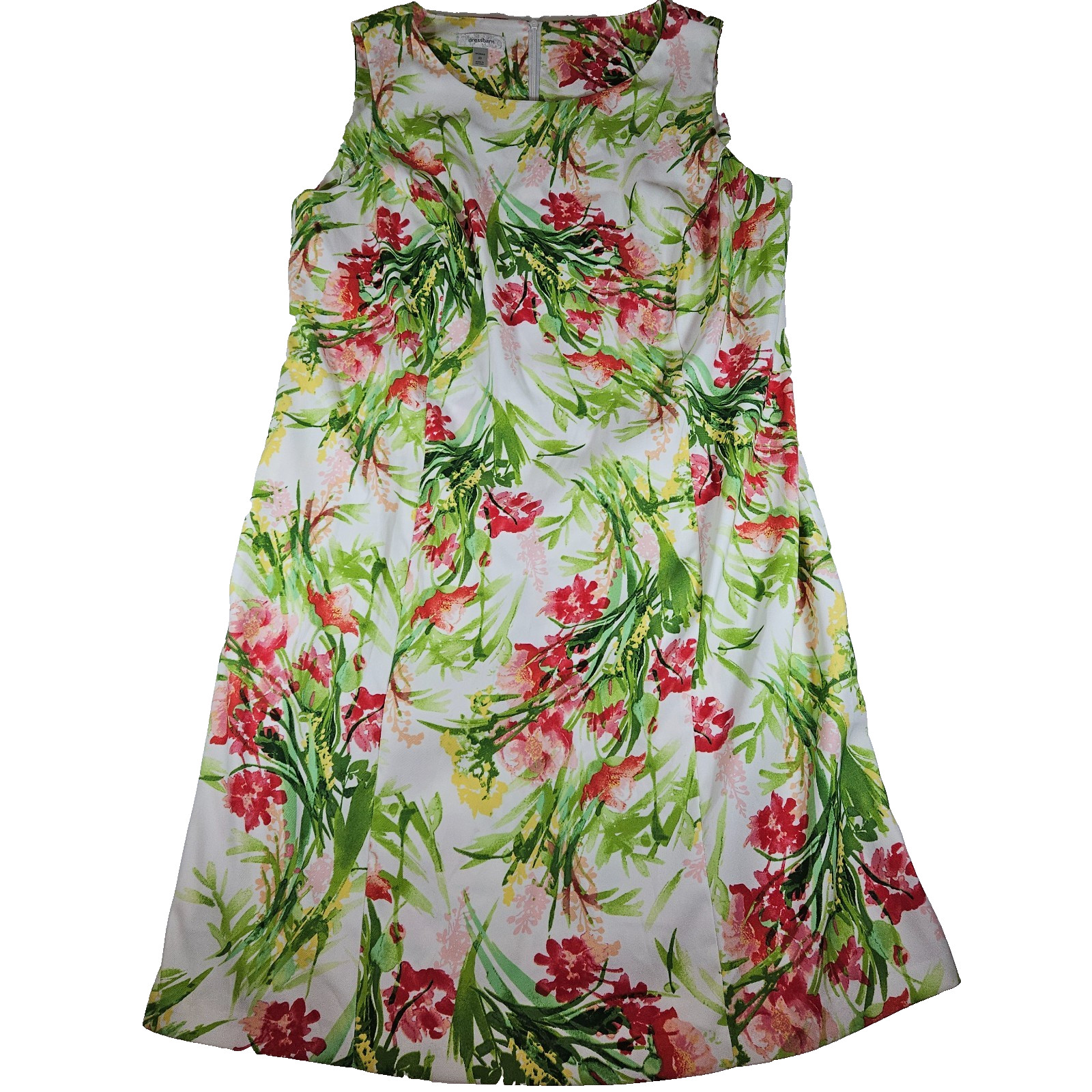 Dressbarn Women Size 20 Floral Fit & Flare Dress White Pink Green Sleeveless