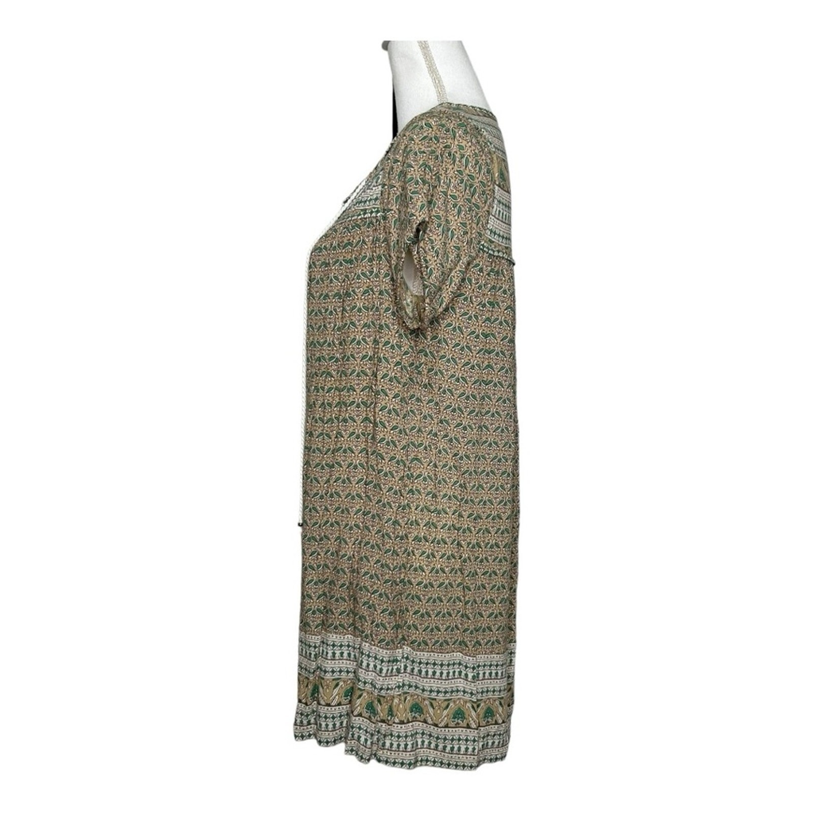 Faithfull The Brand Tunic Dress Bird Print Boho Green Tan XS