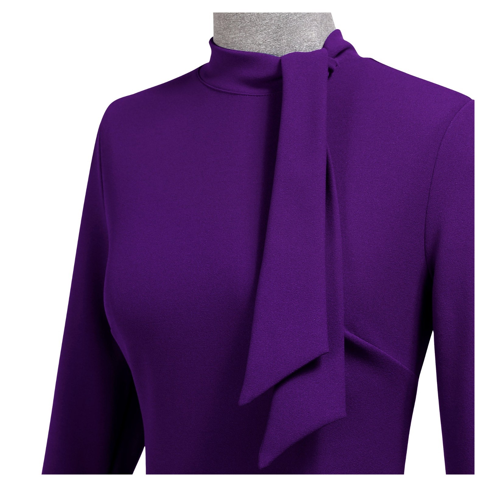 Miusol L Purple Retro Tie Neck Ruched Sheath Midi Dress Half Collar Career