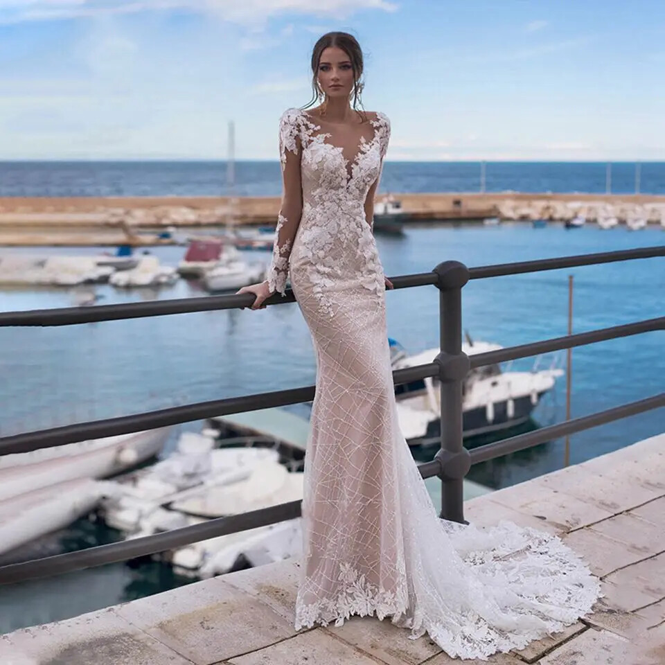 Mermaid Pearls Beaded Wedding Dresses Lace Appliques Backless Women Bride Gown