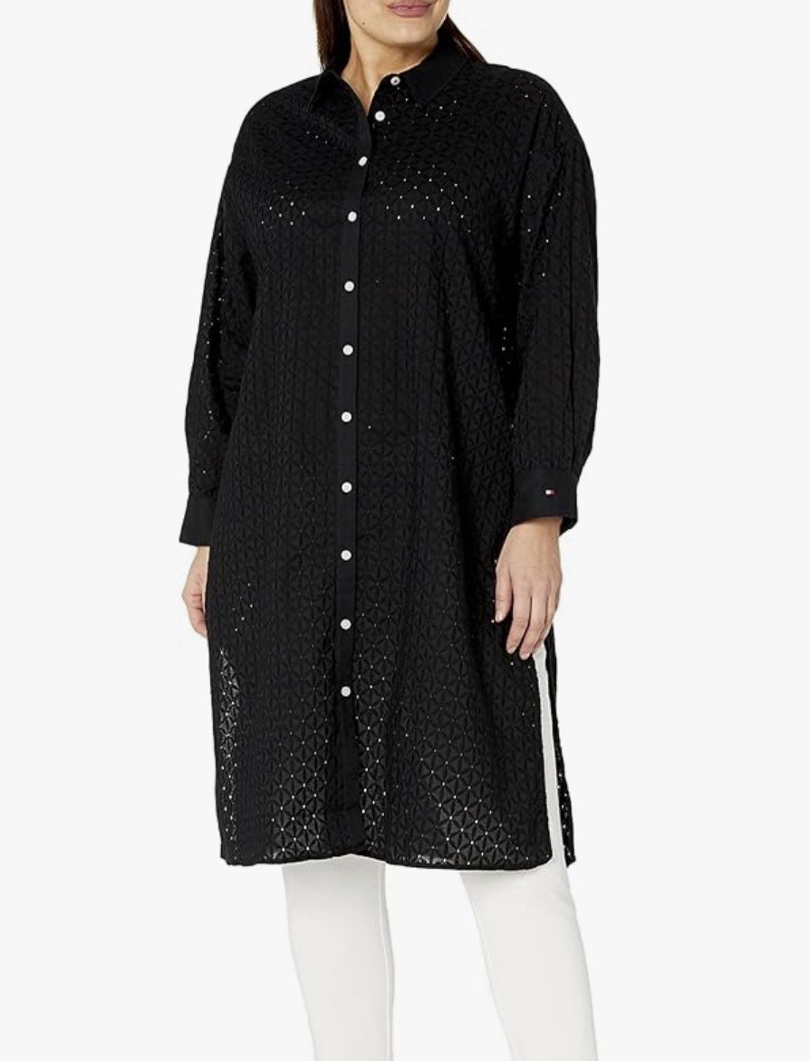 Tommy Hilfiger Light Weight Casual Long Sleeve Dress Collared Black Eyelet Small