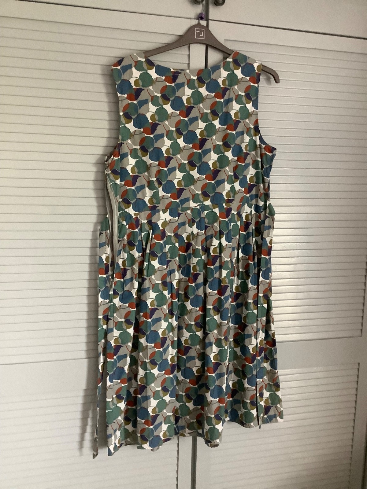 Seasalt sleeveless fitted bodice flare dress UK18 vgc white +grey green blue