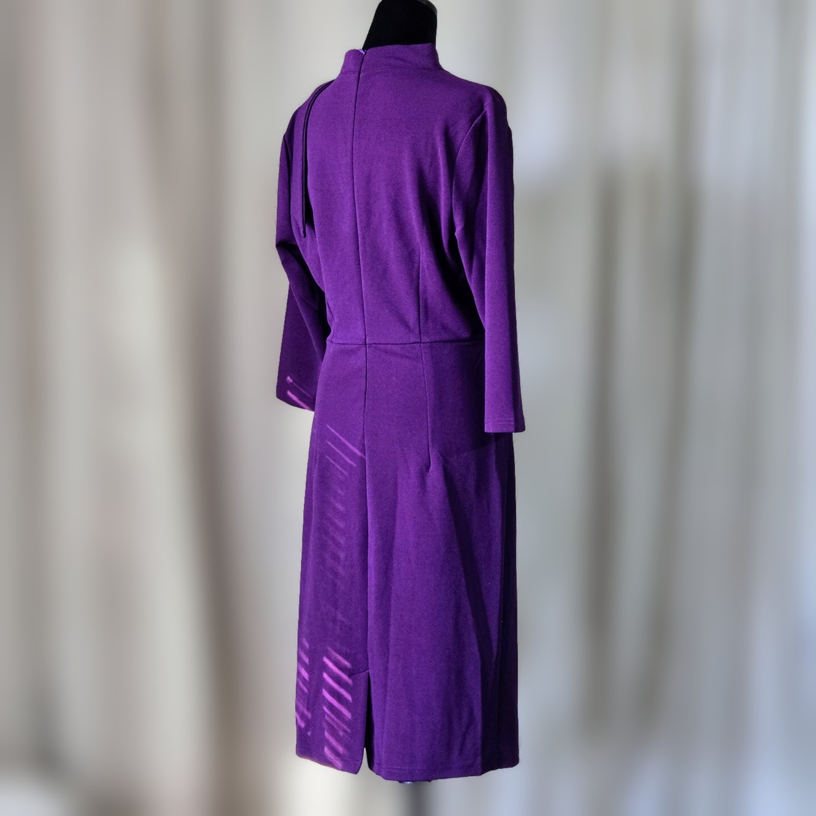 Miusol L Purple Retro Tie Neck Ruched Sheath Midi Dress Half Collar Career