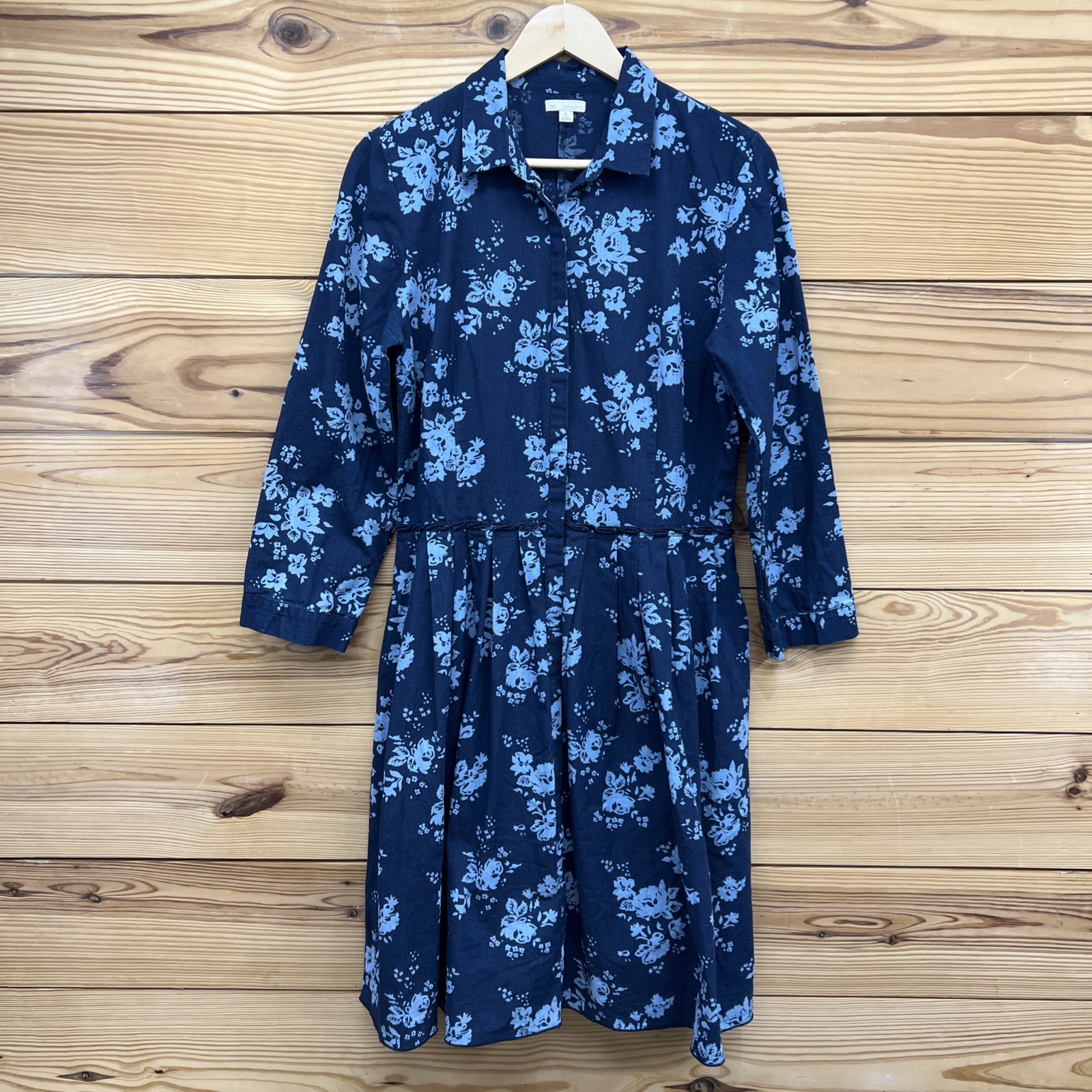 Gap Dress Womens Medium Tall Long Sleeve Pleat Big Navy Blue Floral Cotton B105