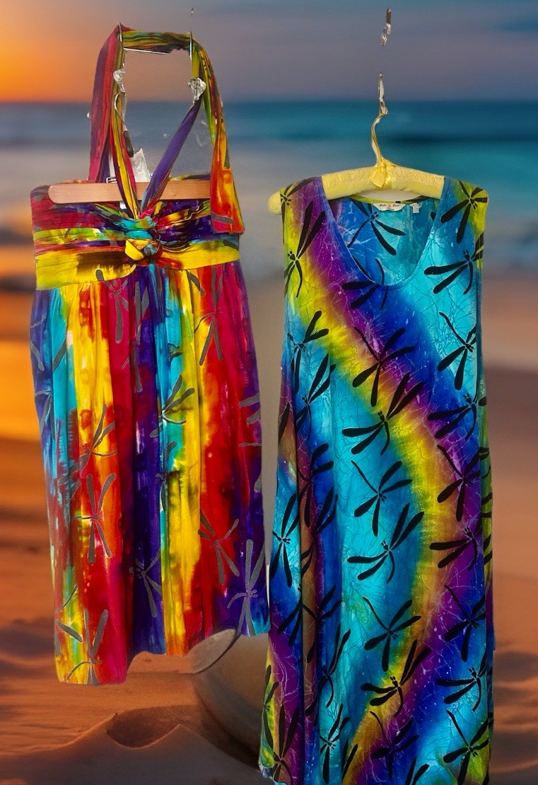 2 Batik Tie Dye Halter Sun Dresses, One Size, Rainbow Colorful, Festivals