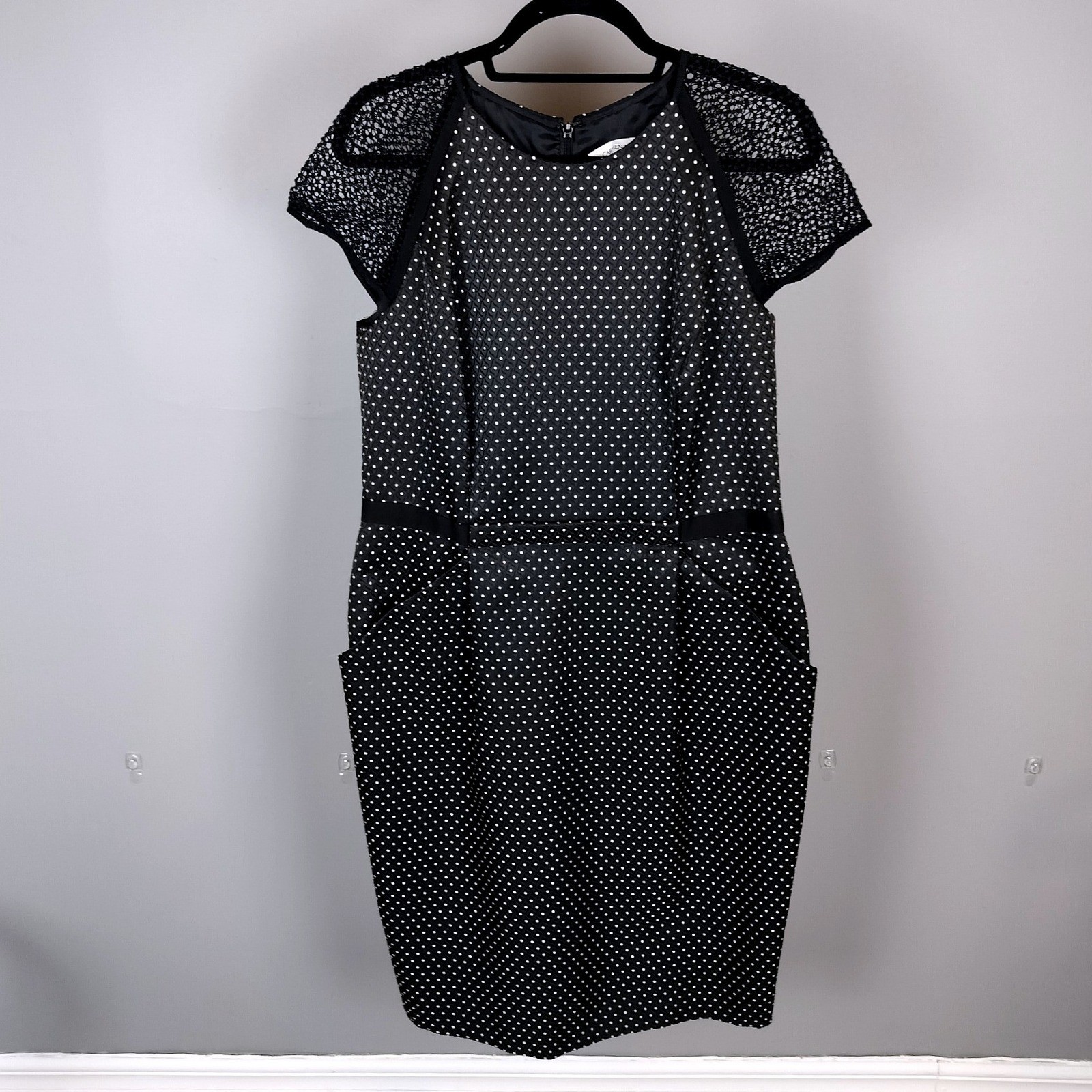 NWT Carmen Marc Valvo Polka Dot Jacquard Crochet Sleeve Sheath Dress Black White