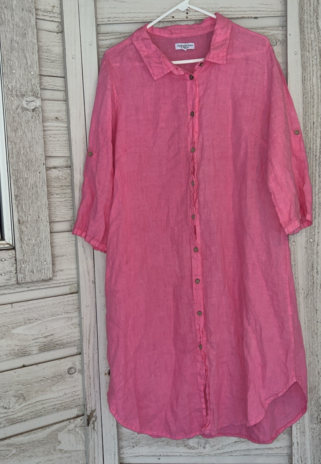 SPLENDID IRIS Dress L/XL Linen Italy Pink Resort Beach Cruise Boho Button Down
