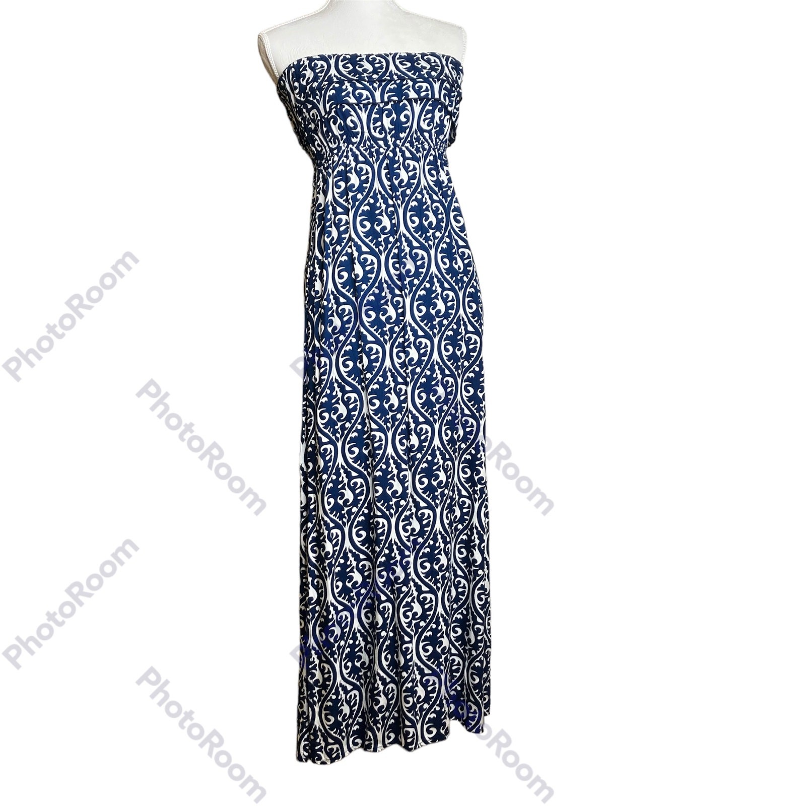 Escapada Womens Strapless Dress SZ M Navy & White, Ruffles On Chest, 2 Slits