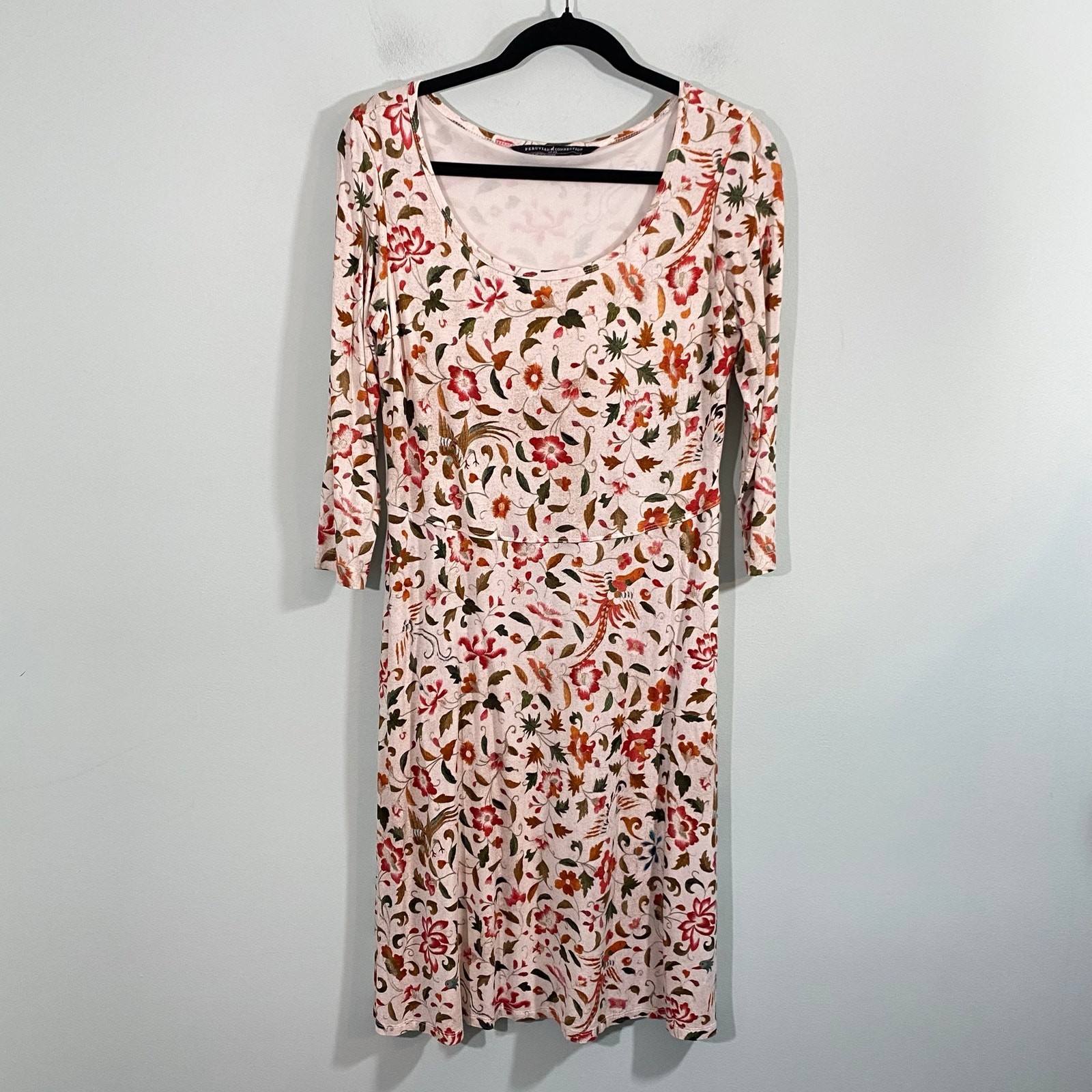 Peruvian Collection Women Bird Flower Quarter Sleeve Cotton Dress Size M