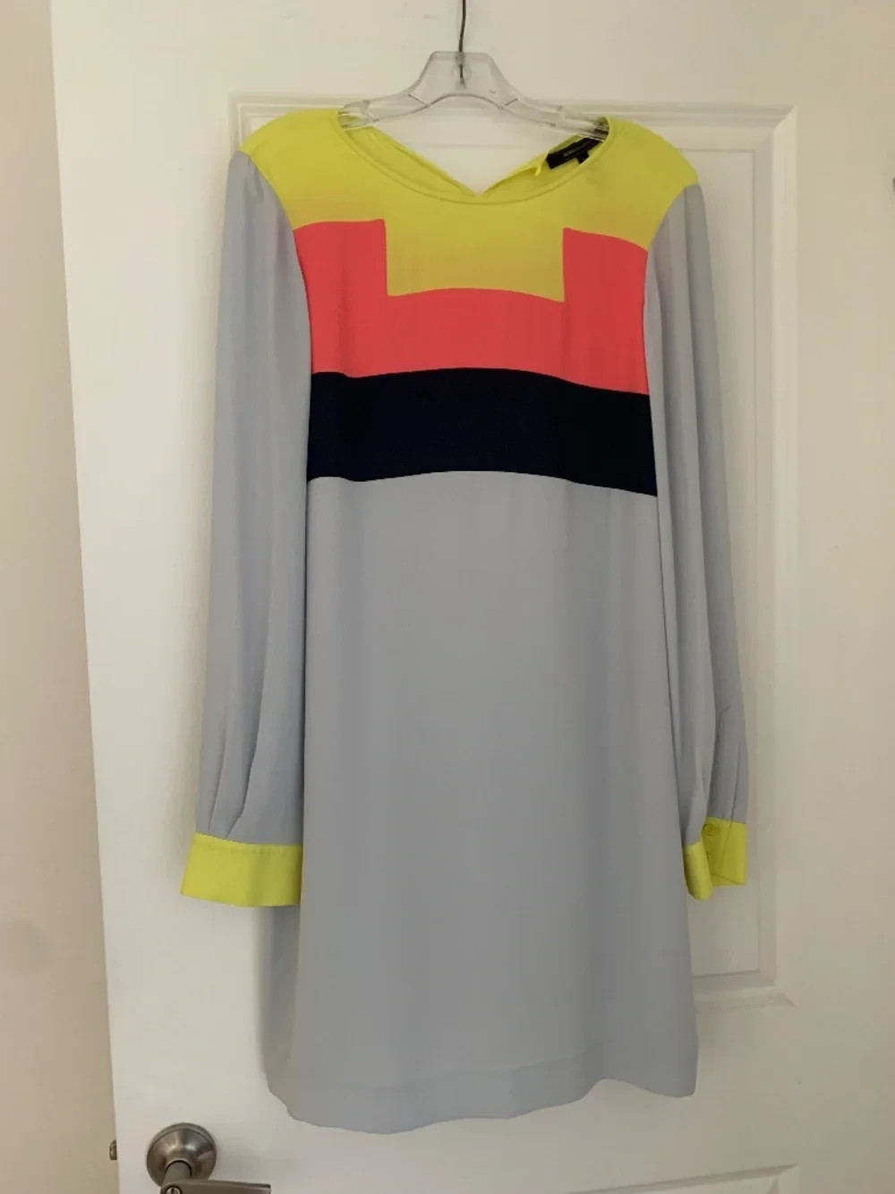 BCBG Max Azria Colorblock Long Sleeve Shift Dress Yellow Coral Navy Gray Size 10