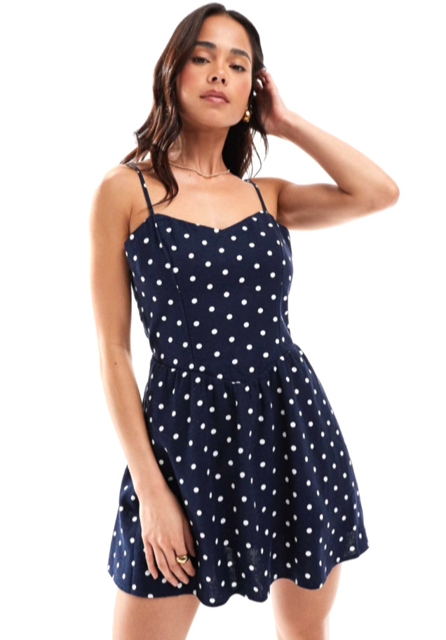 waist spaghetti straps mini dress in navy polka dot with waist bow