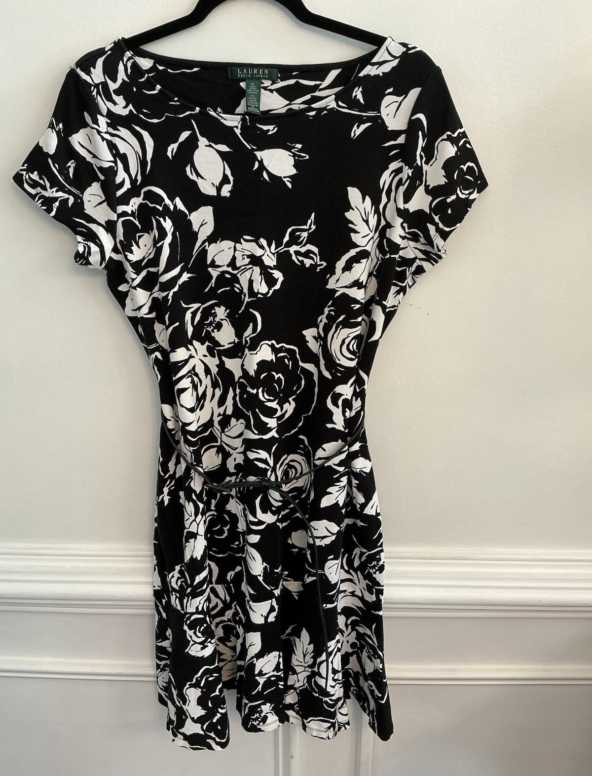Lauren Ralph Lauren Sheath Dress XL Black White Floral Knit Belted Stretch