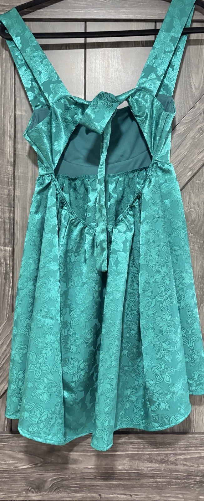 Lucy in the Sky Satin Jacquard Tie Open Back Dress in Emerald Green Sz Small