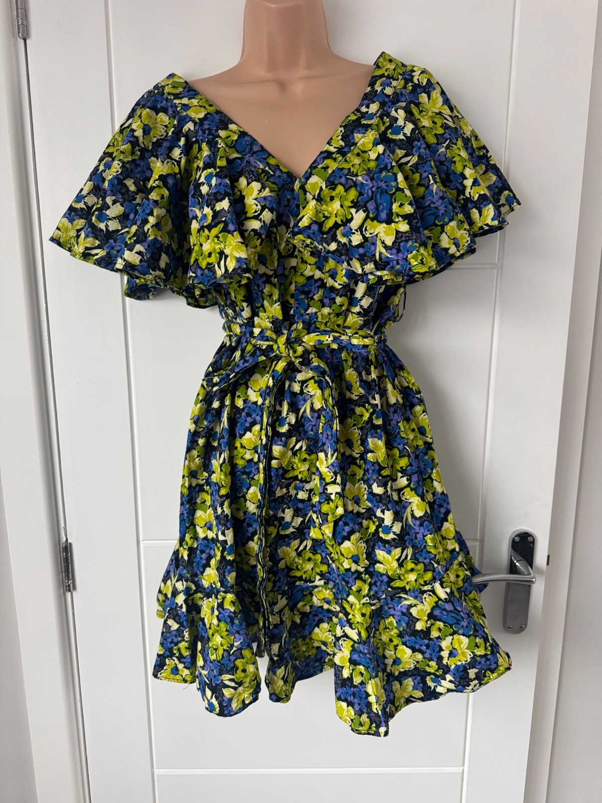 ASOS Blue Green Floral Ruffle Wrap Mini Dress Belted Party UK 8 S B1