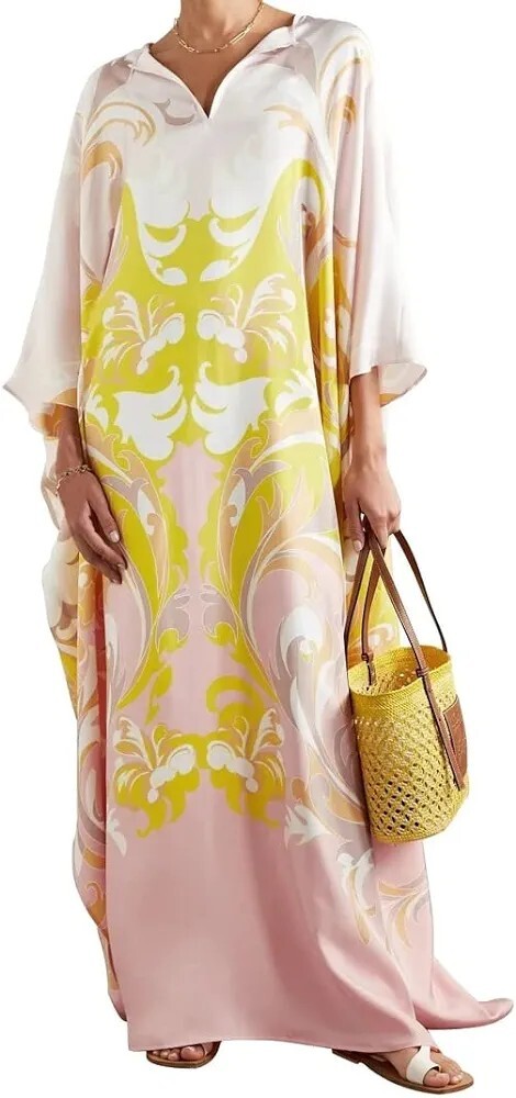 Designer Printed Satin Silk Casual Wear Kaftan for Women,Boat Neck Silk Caftan