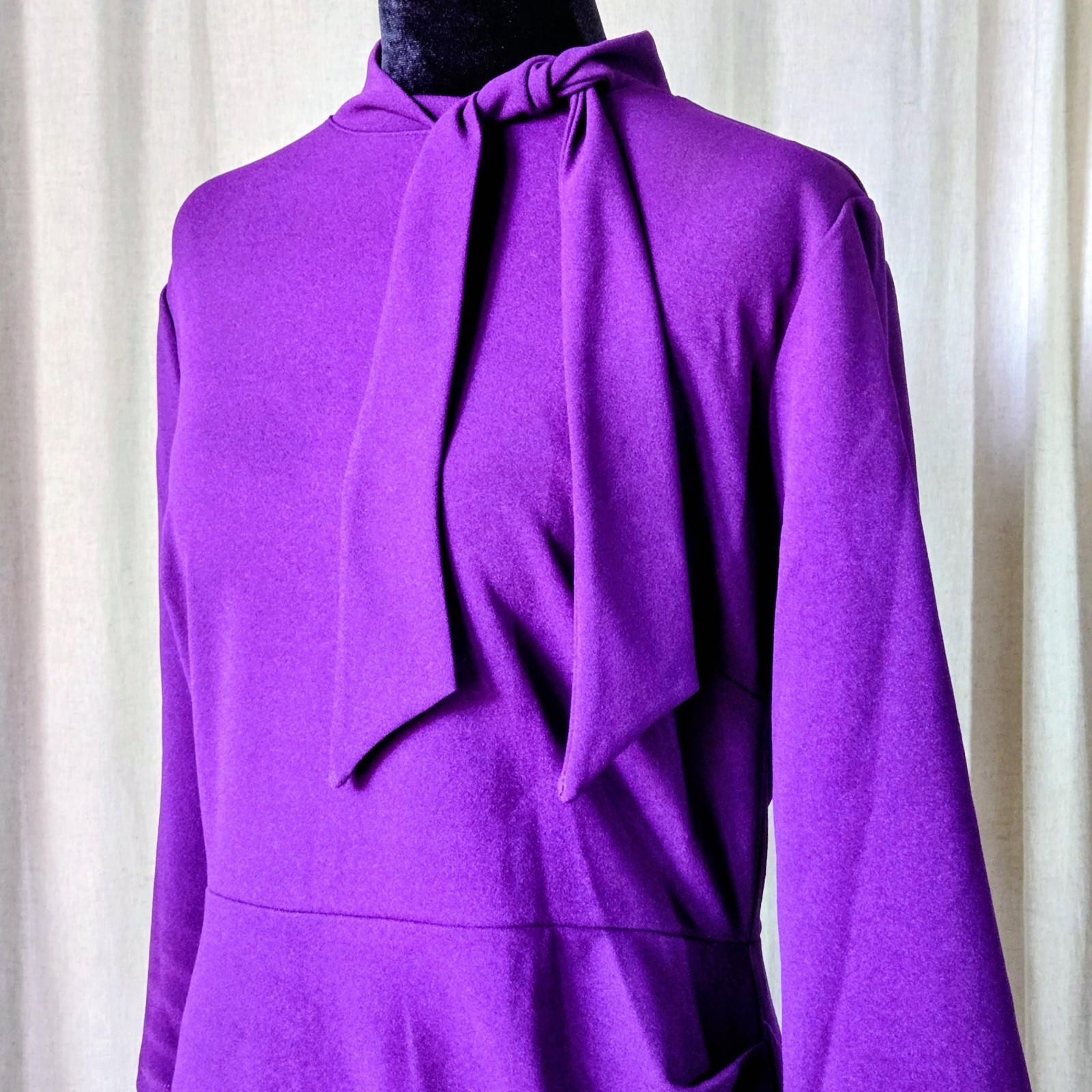 Miusol L Purple Retro Tie Neck Ruched Sheath Midi Dress Half Collar Career