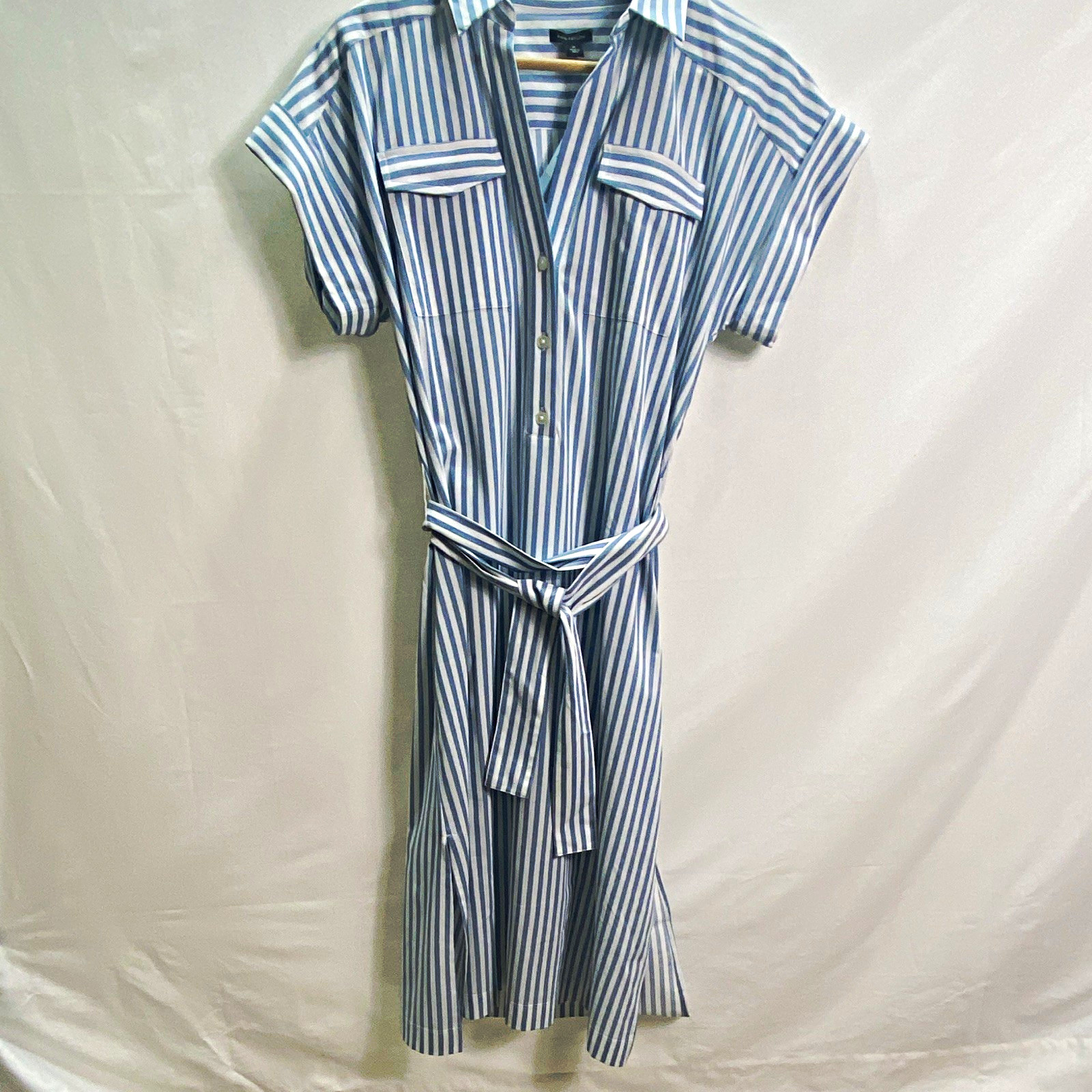 Ann Taylor Petite 4P Blue/White Striped Shirt Dress Button Front Tie Belt
