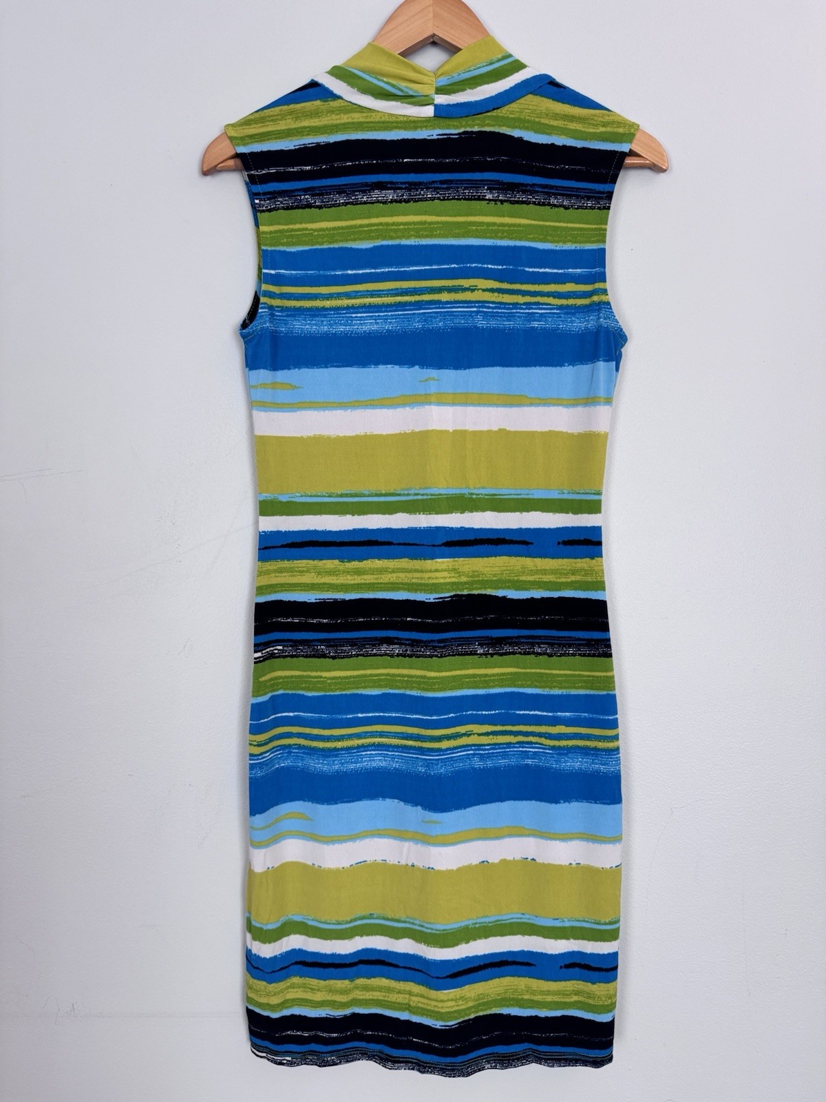 Glamour Womens Size 6 Sleeveless Midi Dress Tie Neck Blue Green Stripe Stretch