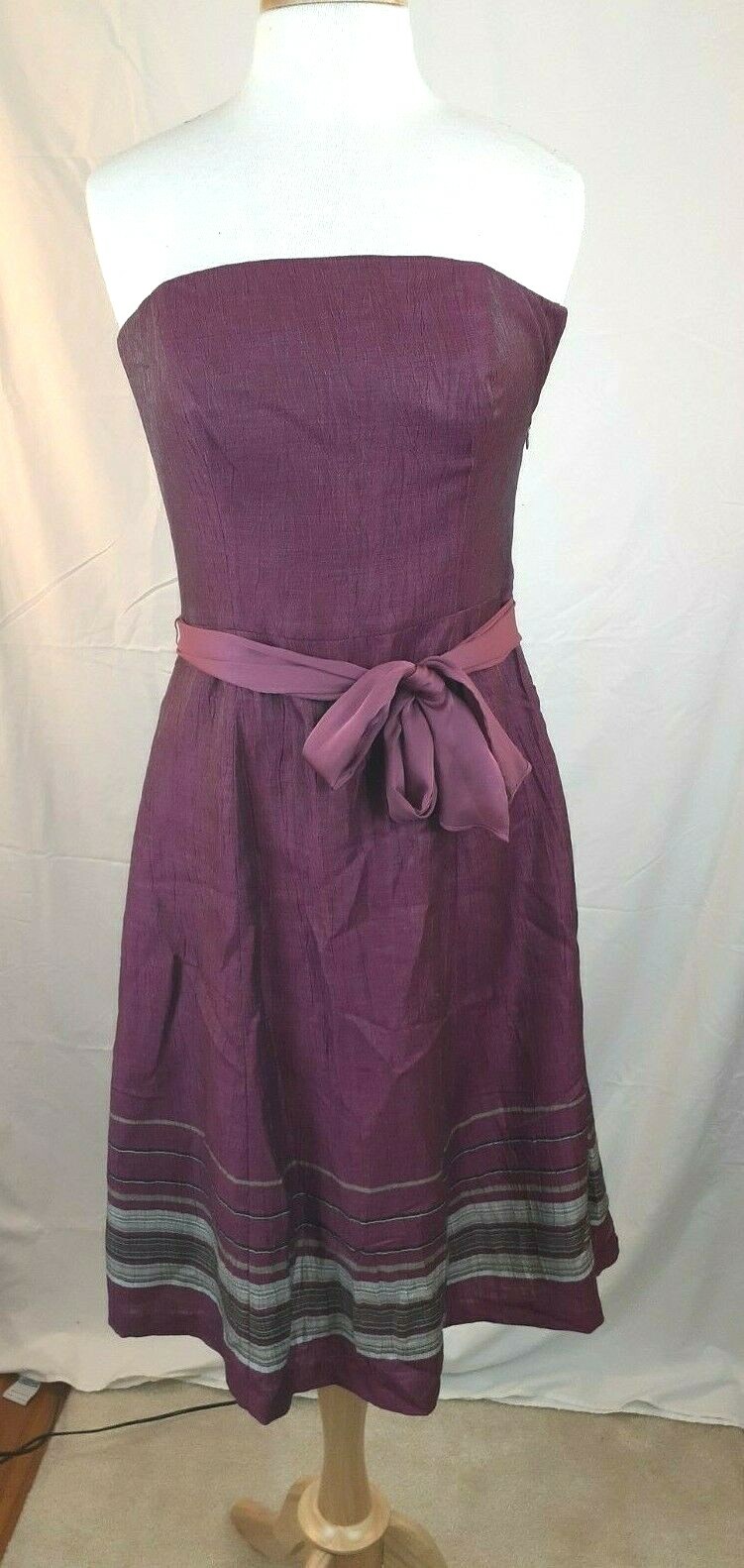 Ann Taylor LOFT Sz 8 Metallic Raspberry Linen Blend Ribbon Belt Strapless Dress