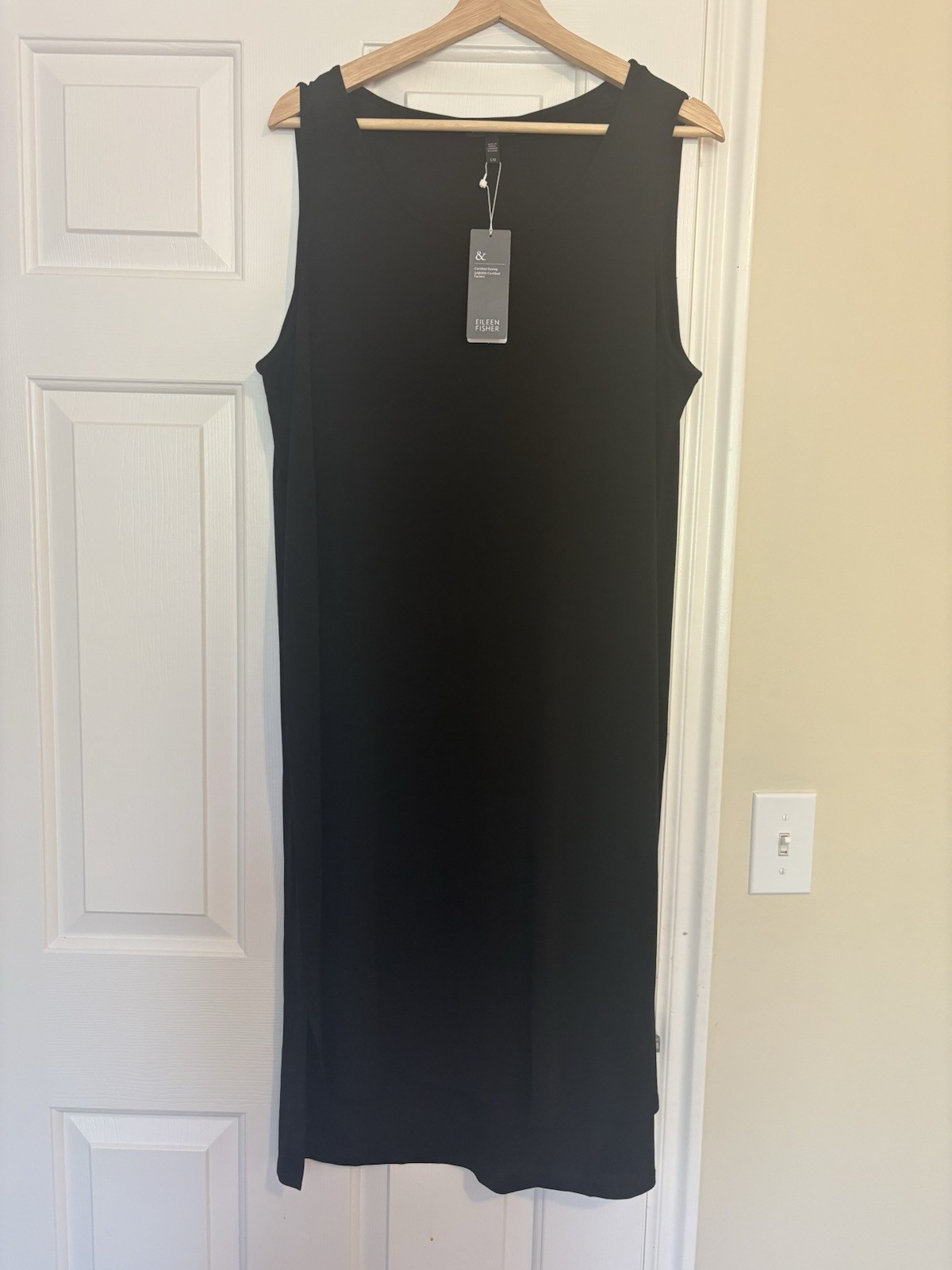 NWT Eileen Fisher Black Silk Jersey Sleeveless Shift Midi Dress L Large