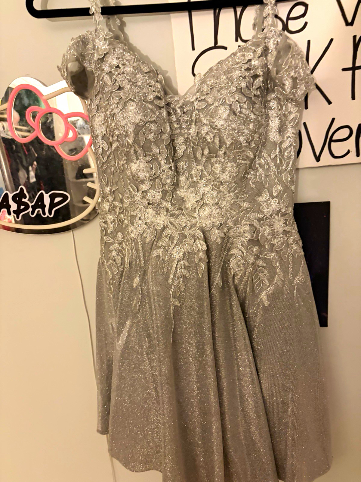 Let’s Silver Beaded Lace V-Neck Lace-Up Back Short A-Line Dress Size L