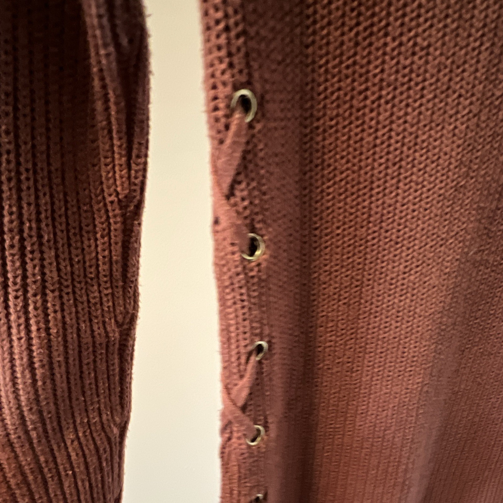 GUESS Women’s Brown Knit Sweater Dress Small Lace-Up Crew Neck Long Sleeve Short