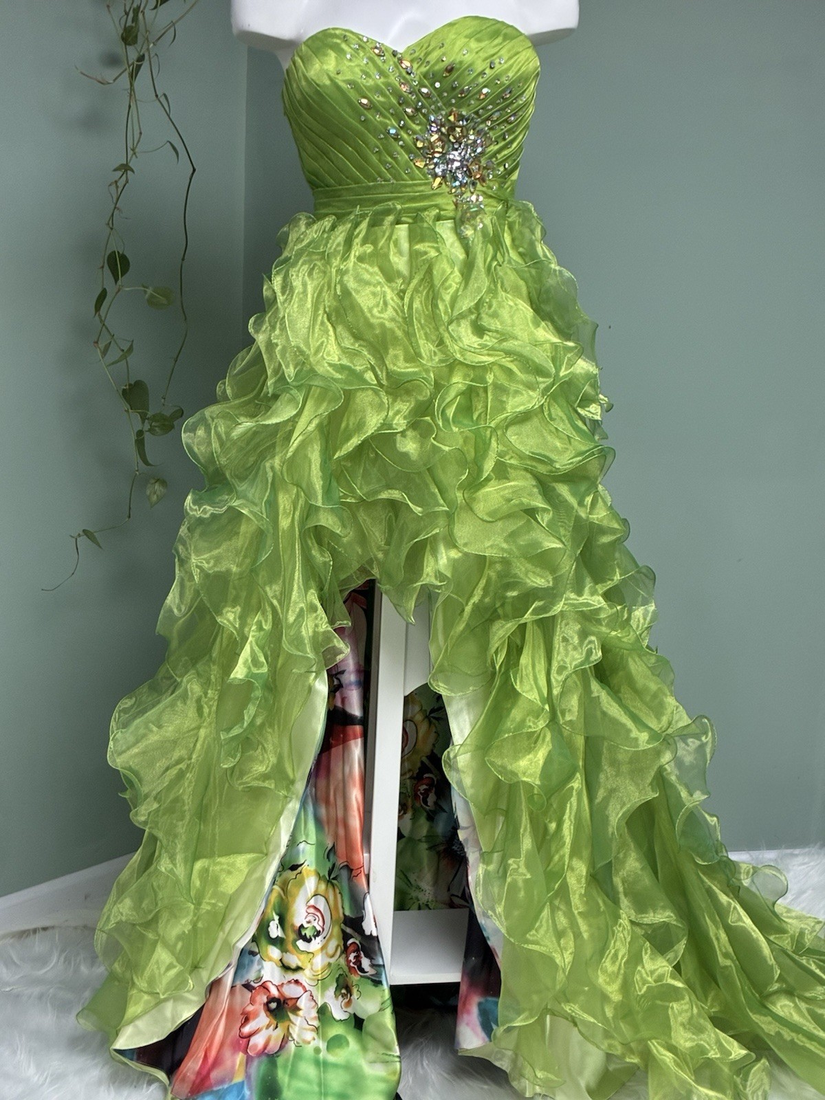 Tiffany Designs Dress Gown 6 Rhinestone Ruffle Strapless Corset Back Lime Hi Low