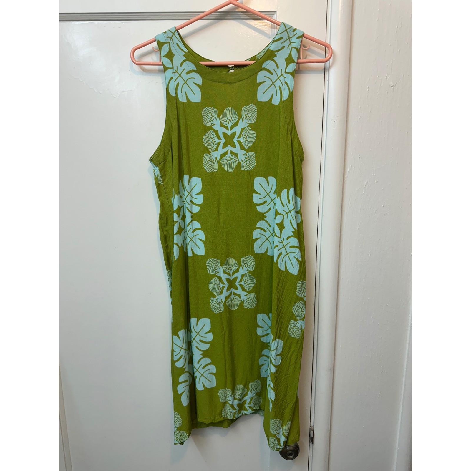 Hamakua Womens Small Green Blue Tropical Leaf Rayon Sleeveless Shift Dress