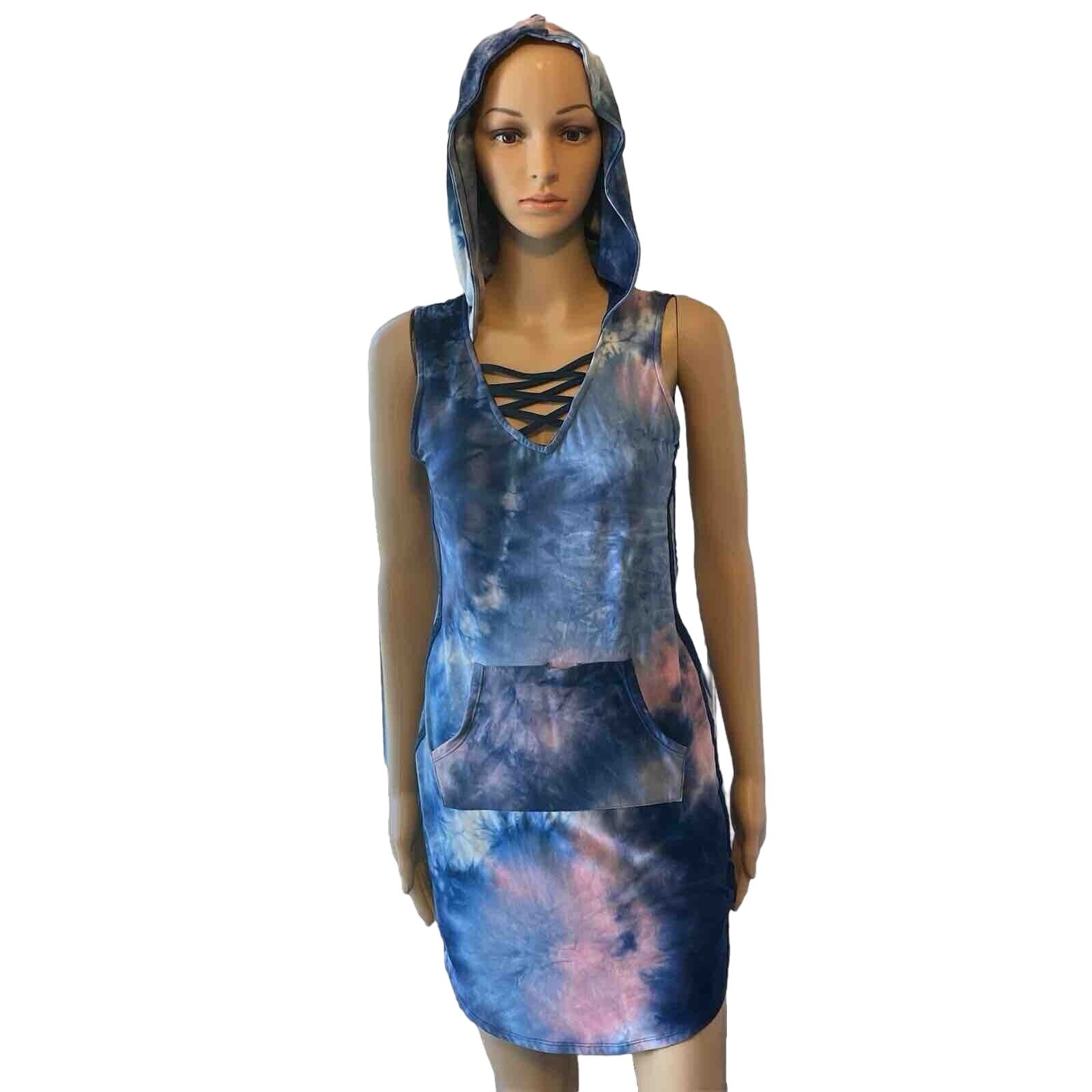 No Boundaries Tie Dye Hoodie Mini Dress Pocket Stretch Comfort Bikini Coverup S