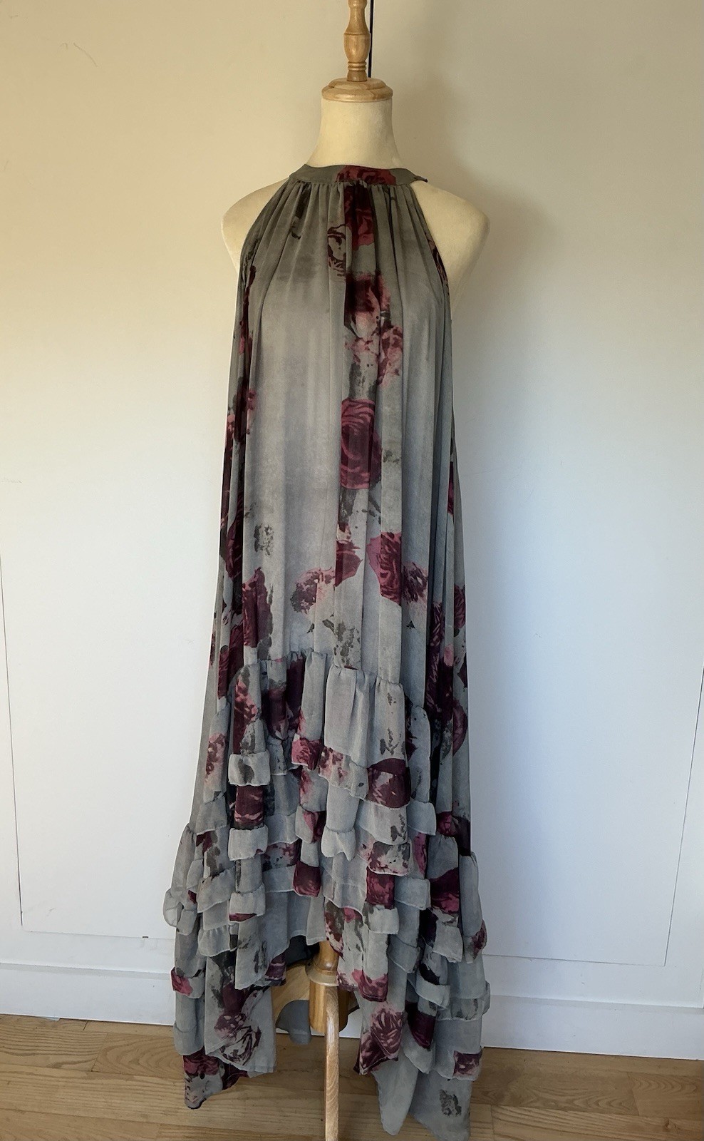 Vintage Religion Grey Purple Floral Halter Neck Maxi Dress Ruffle Hem Size M