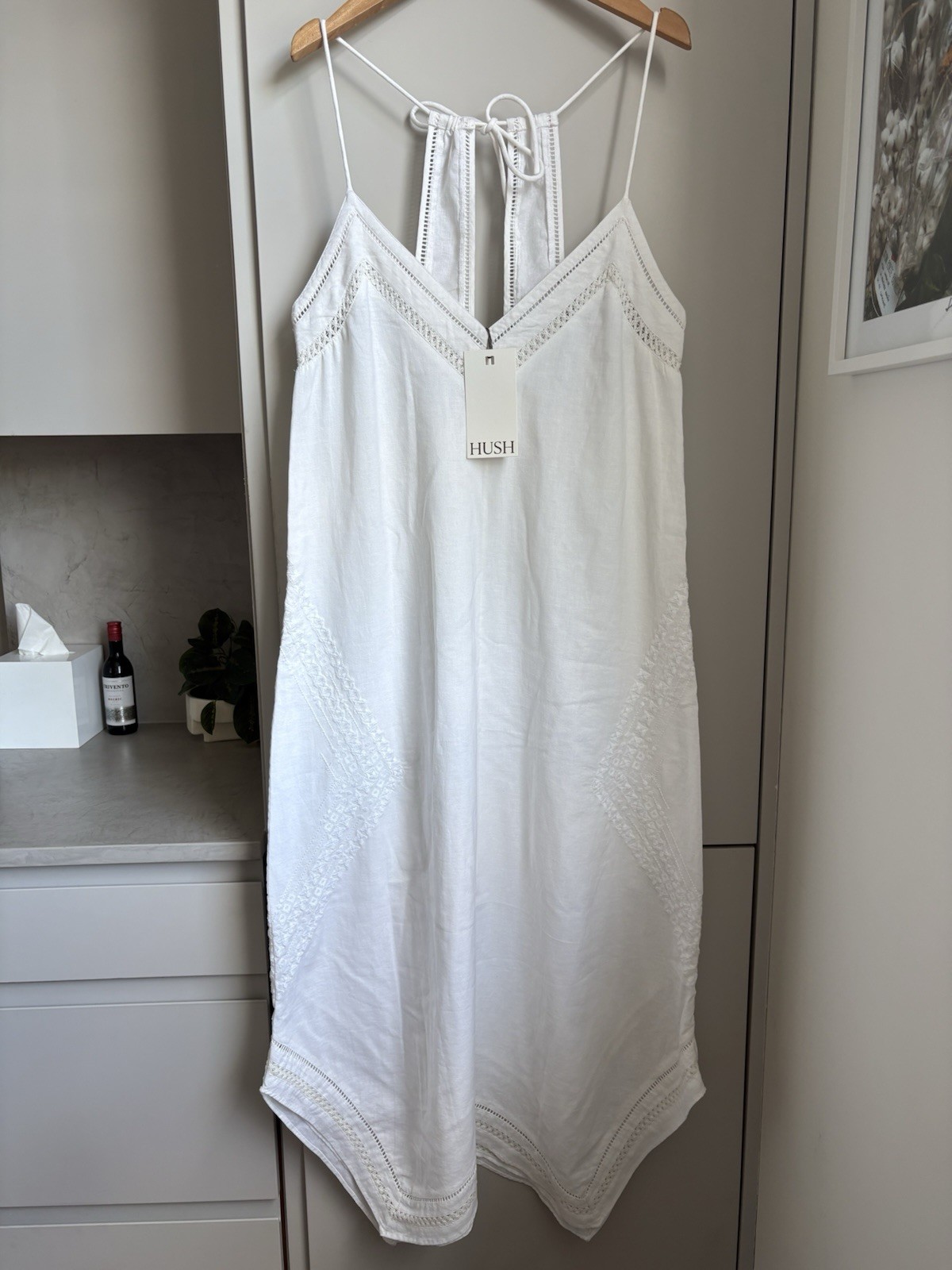 Hush celia embroidery cotton linen ivory summer holiday dress Size S/M bnwt