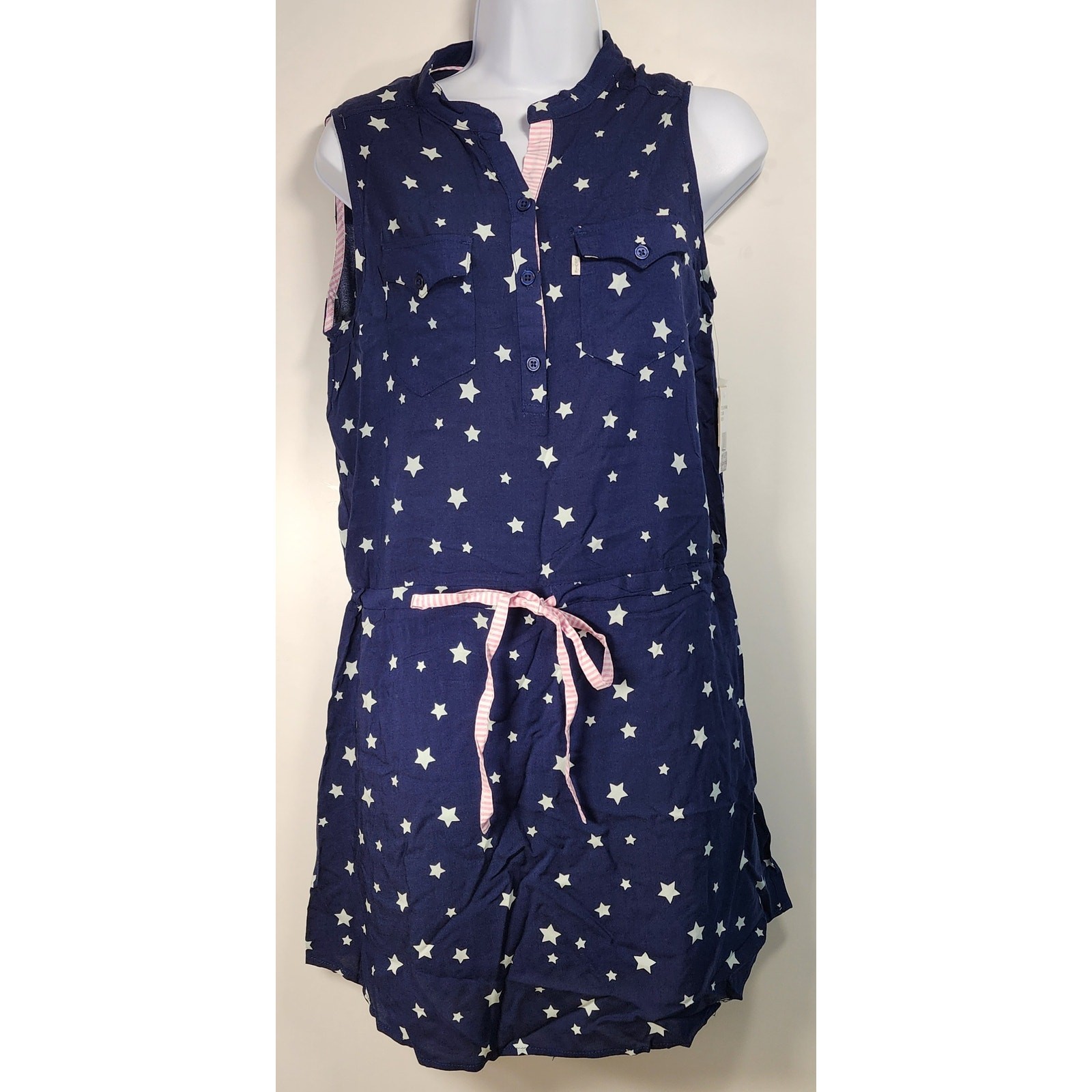 NWT Levi’s Star Print Sleeveless Patriotic Shirt Dress Navy Blue Rayon M Y2K