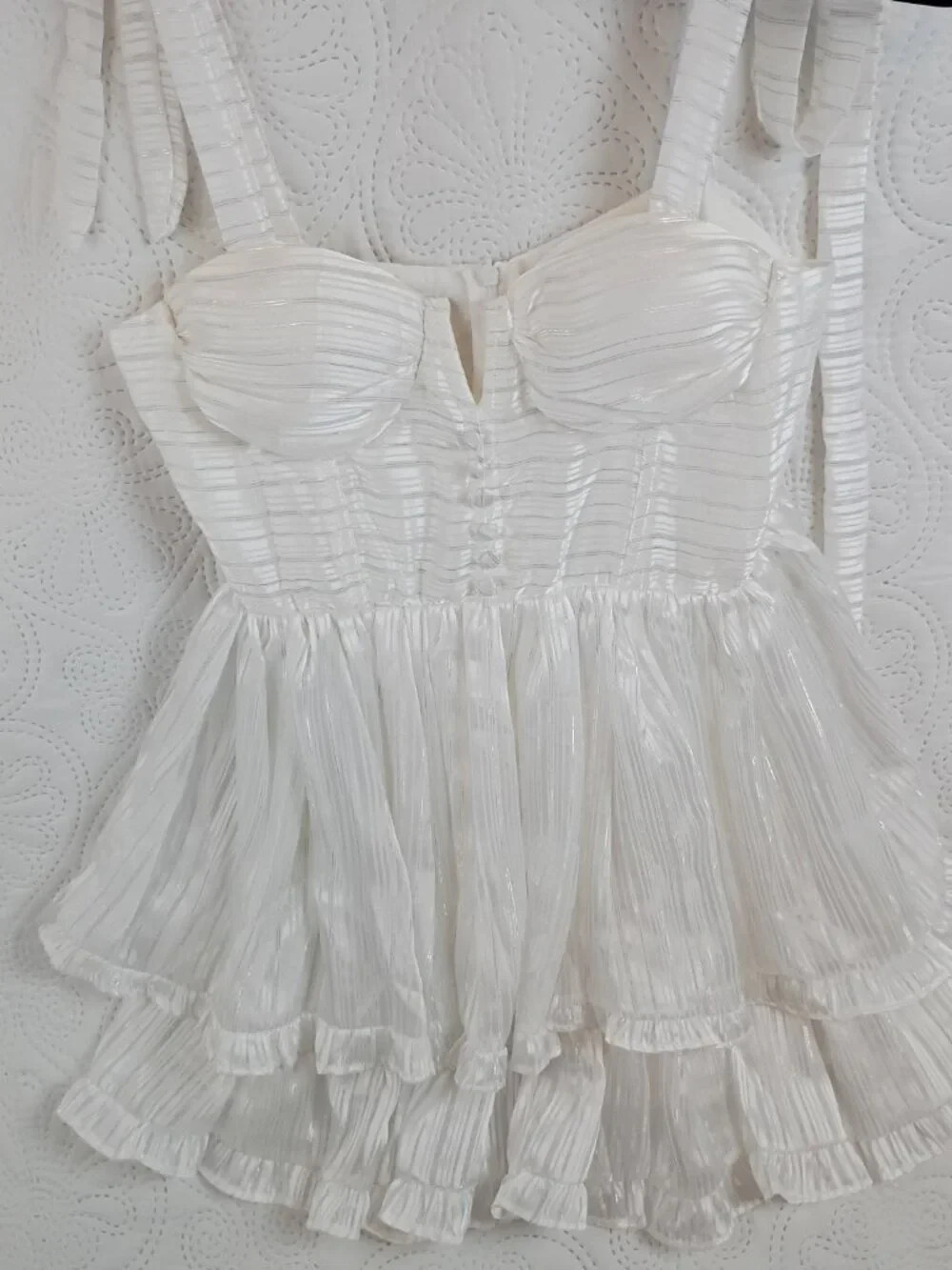 NWOT White Shimmer Tiered Ruffle Mini Dress | Size S | Boutique Style