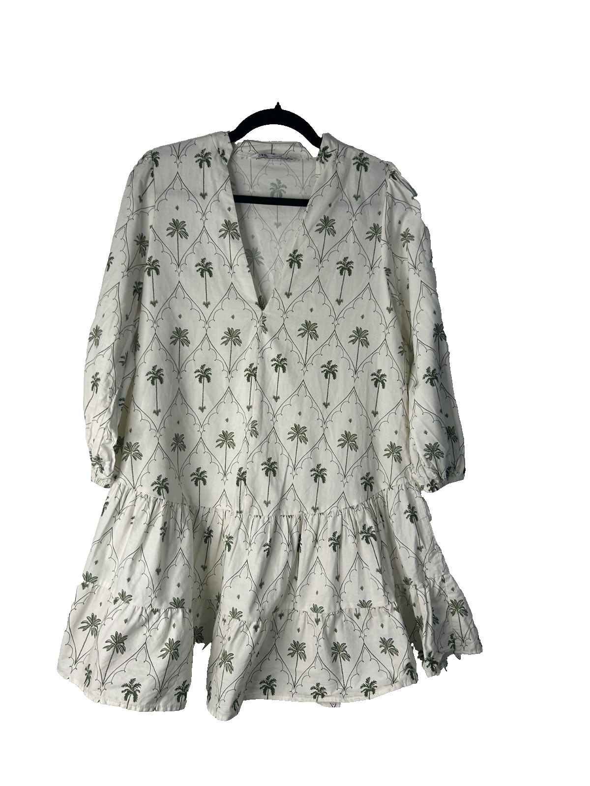 Zara Ecru Floral Palm Tree Print Dress Size S Tiered V-Neck No Belt Puff Sleeve