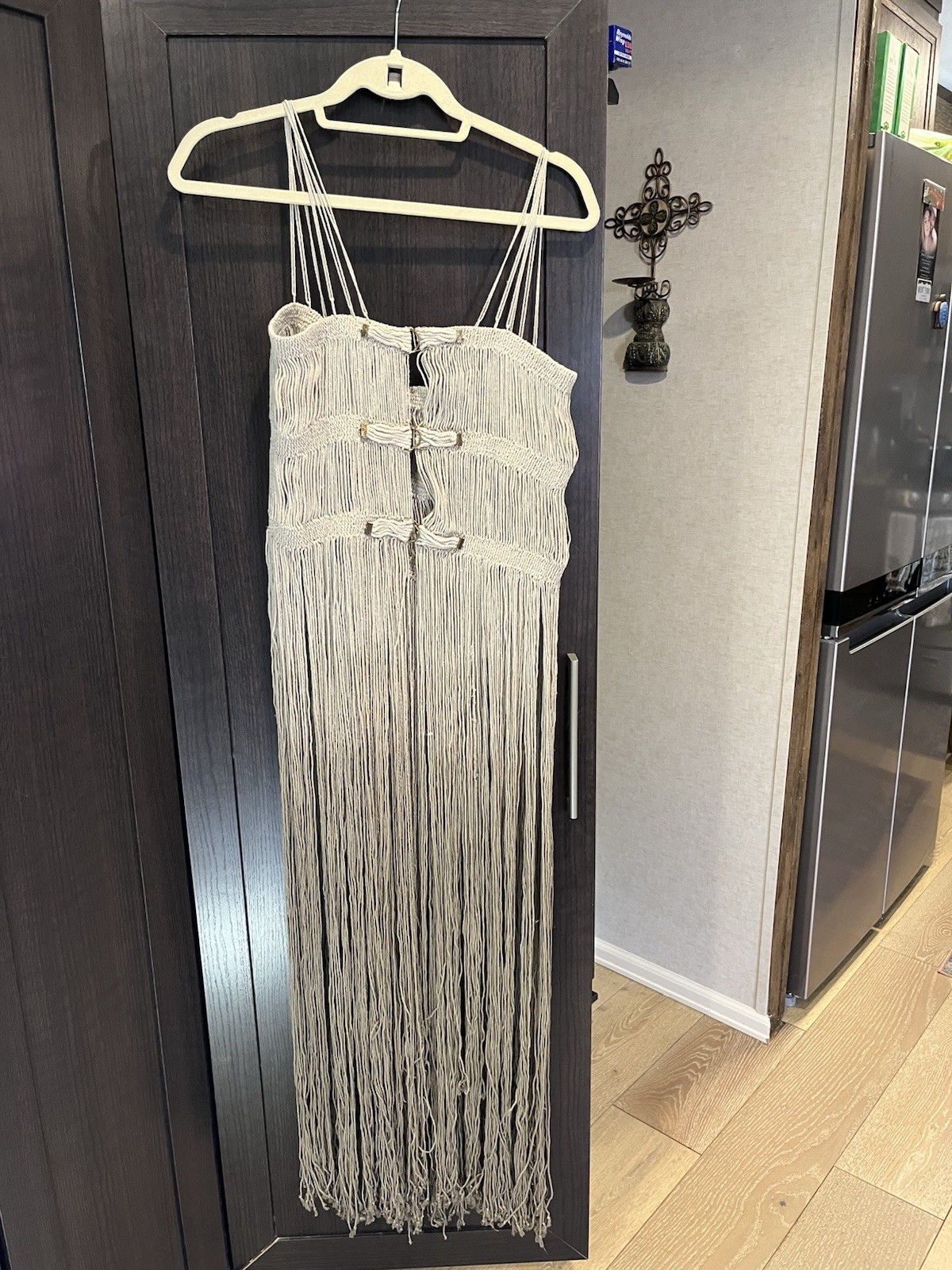 Ayawear Fringe sheath Dress Square Neck Spaghetti Strap Zipper Long Maxi S