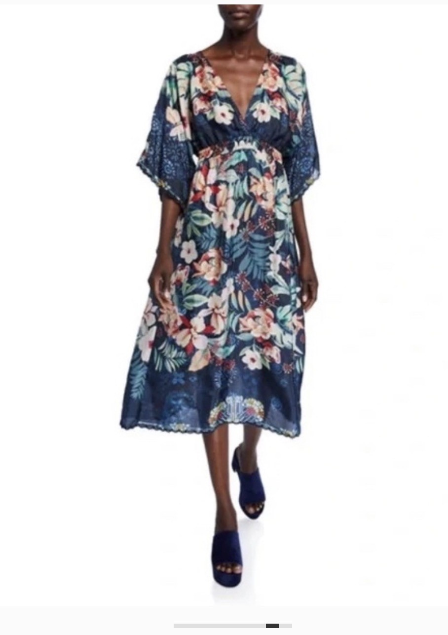 Johnny Was Annia Silk Midi Dress Womens Small Floral Deep V Kimono