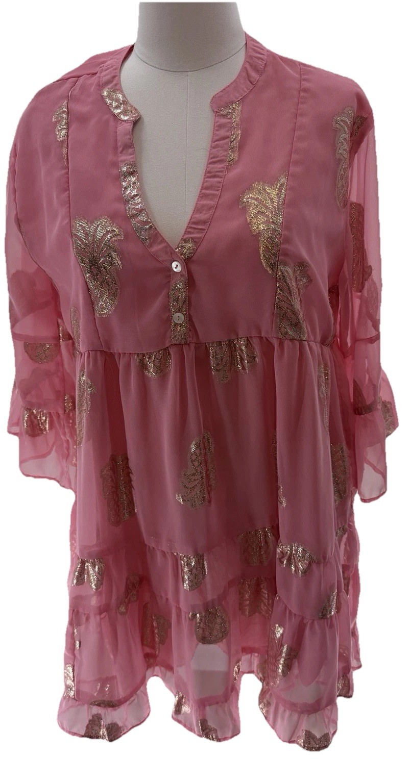 Simply Southern Tiered Dress L Pink Gold Pineapples Boho Feminine Girlcore Chic
