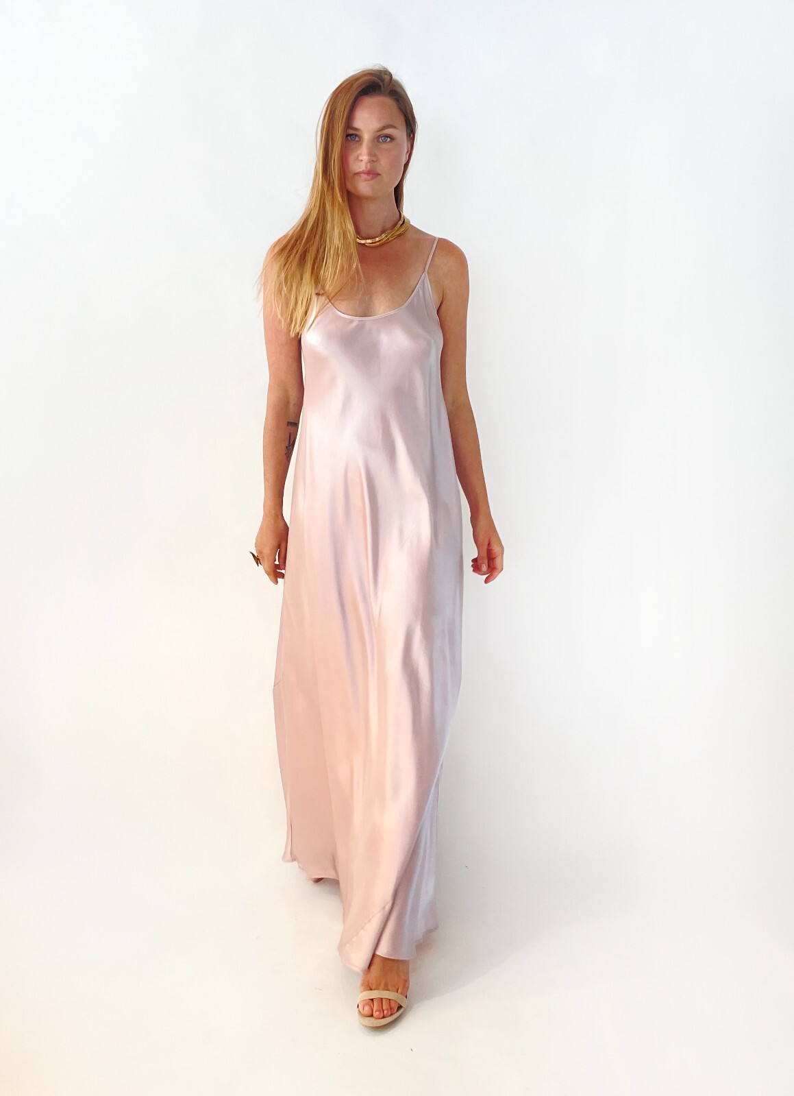 VACANCES 100% silk charmeuse non see through maxi slip dress size S/M LIGHT PINK