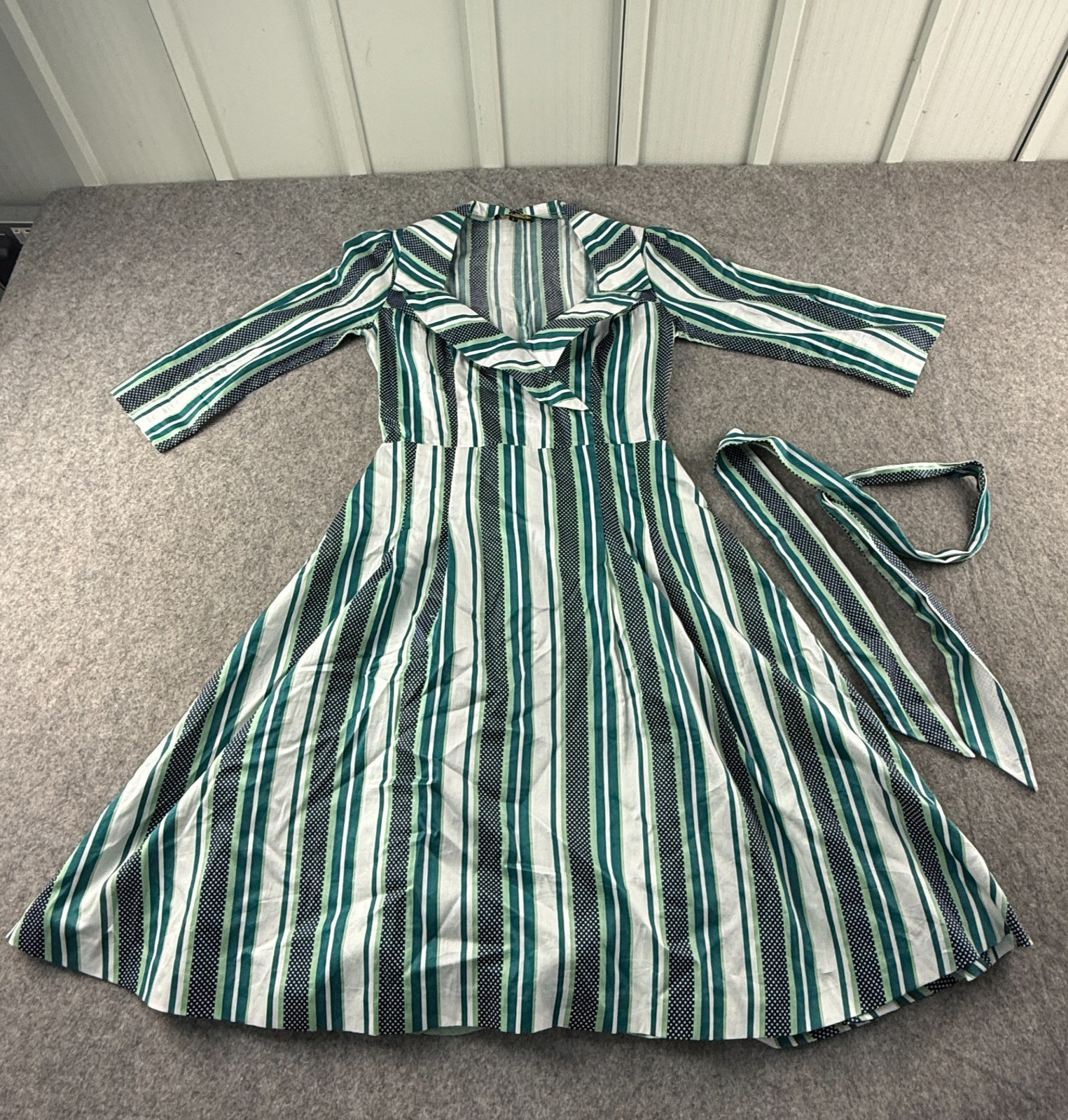 Nancy Mac Womens Midi Dress Size 1 UK 10 Green White Stripe Silk Blend Belted