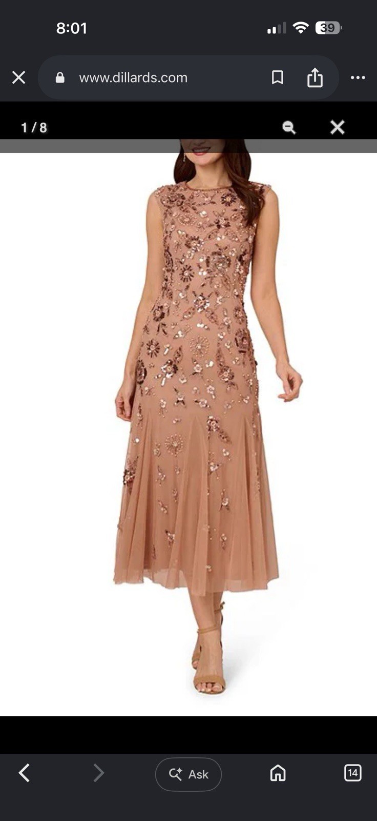 Adrianna Papell Rose Gold Beaded Mesh Floral A-Line Ankle Dress 10P