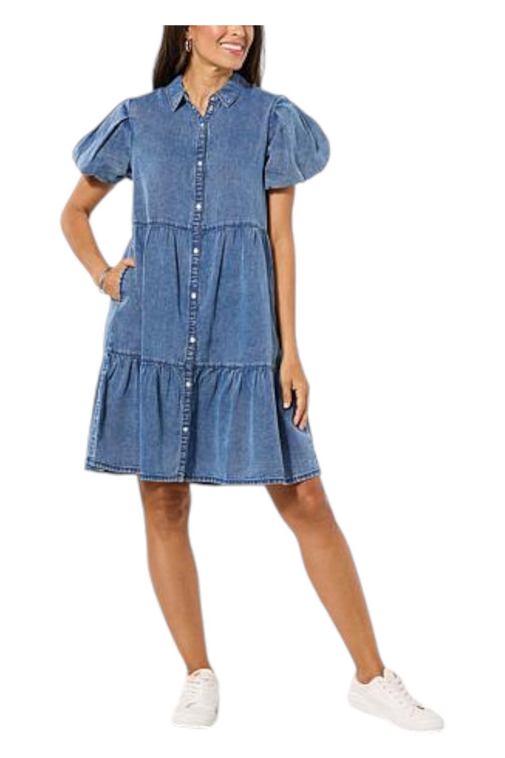 G by Giuliana Women’s Bubble Sleeve Button-Down Dress Medium Wash